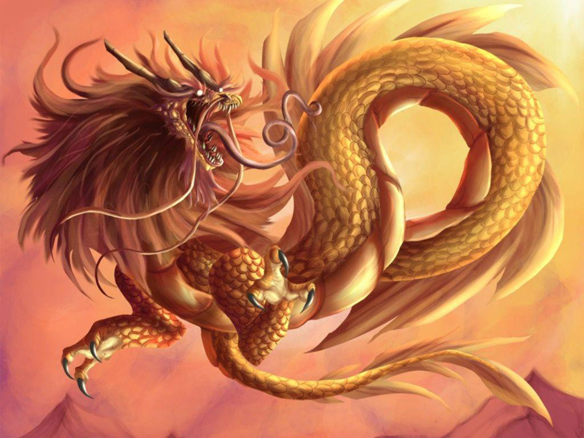 Eastern 桌布 壁紙 — 一隻雄偉的金龍，飄逸的鬃毛和利爪，在溫暖的漸層天空中翱翔。