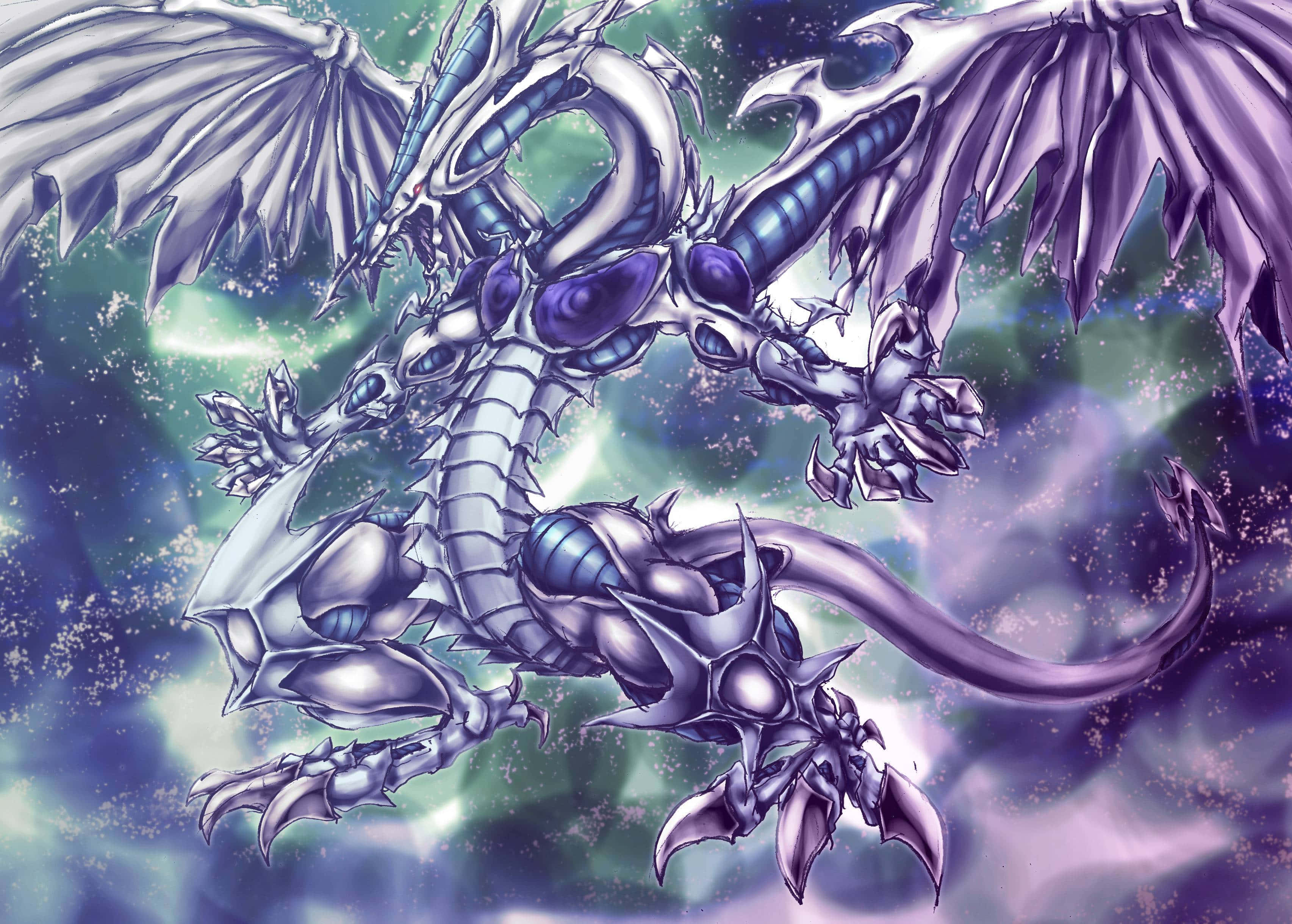 Yugioh Dragons 桌布 壁紙 — 一隻雄偉的銀紫色機械龍在宇宙星雲中翱翔，帶有發光的藍色點綴和星空背景。