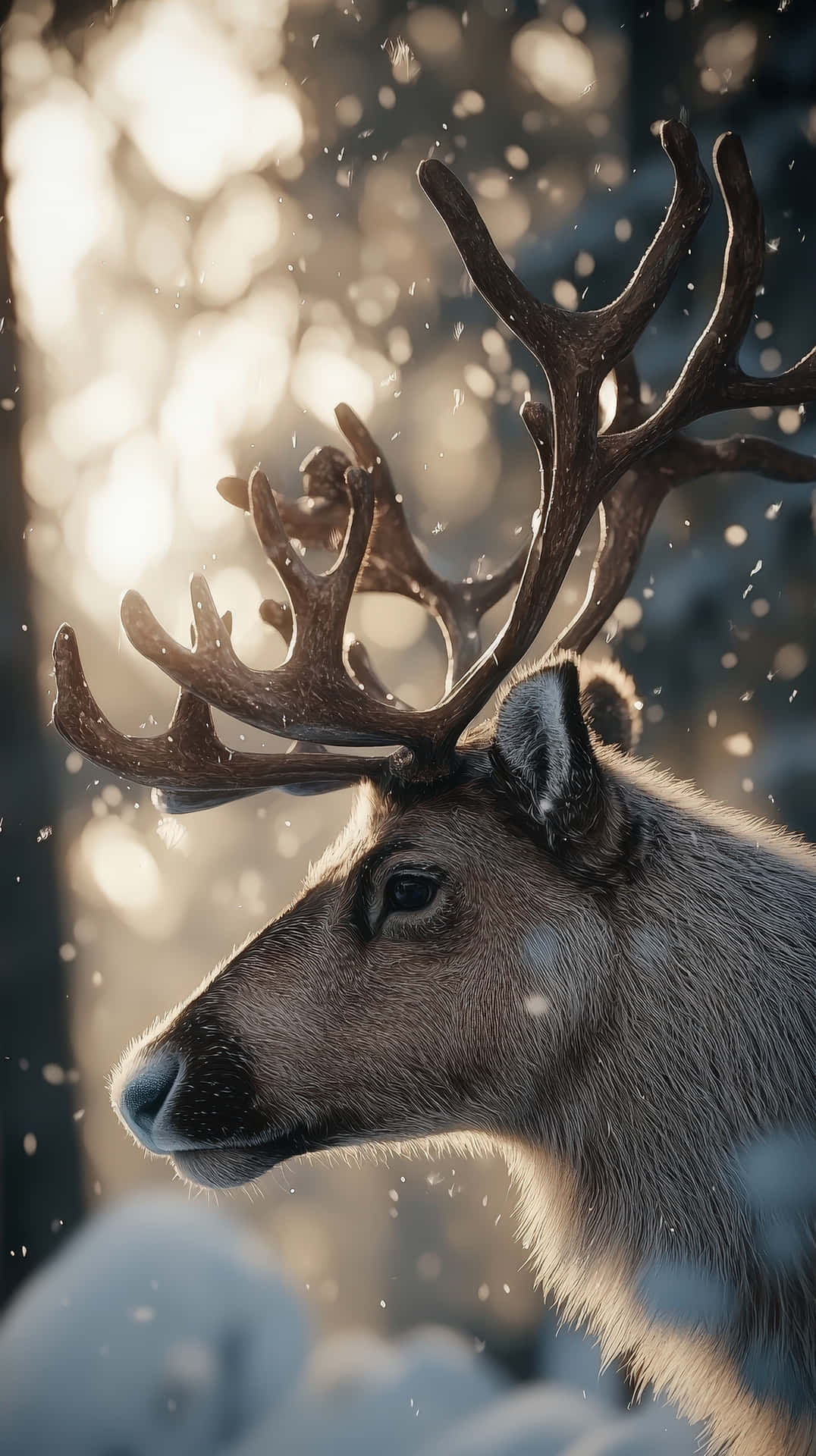 Majestic reindeer standing in a snowy winter forest with golden sunlight 壁紙 — 一隻雄偉的馴鹿，長著巨大的鹿角，站在白雪皚皚的森林中，陽光穿過樹木，雪花在它周圍飄舞。