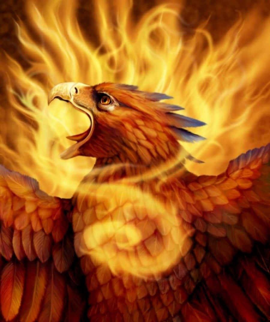 一隻神話中的鳳凰，擁有火焰般的羽毛，在火焰包圍中咆哮。 — 鳳凰 GIF 壁紙