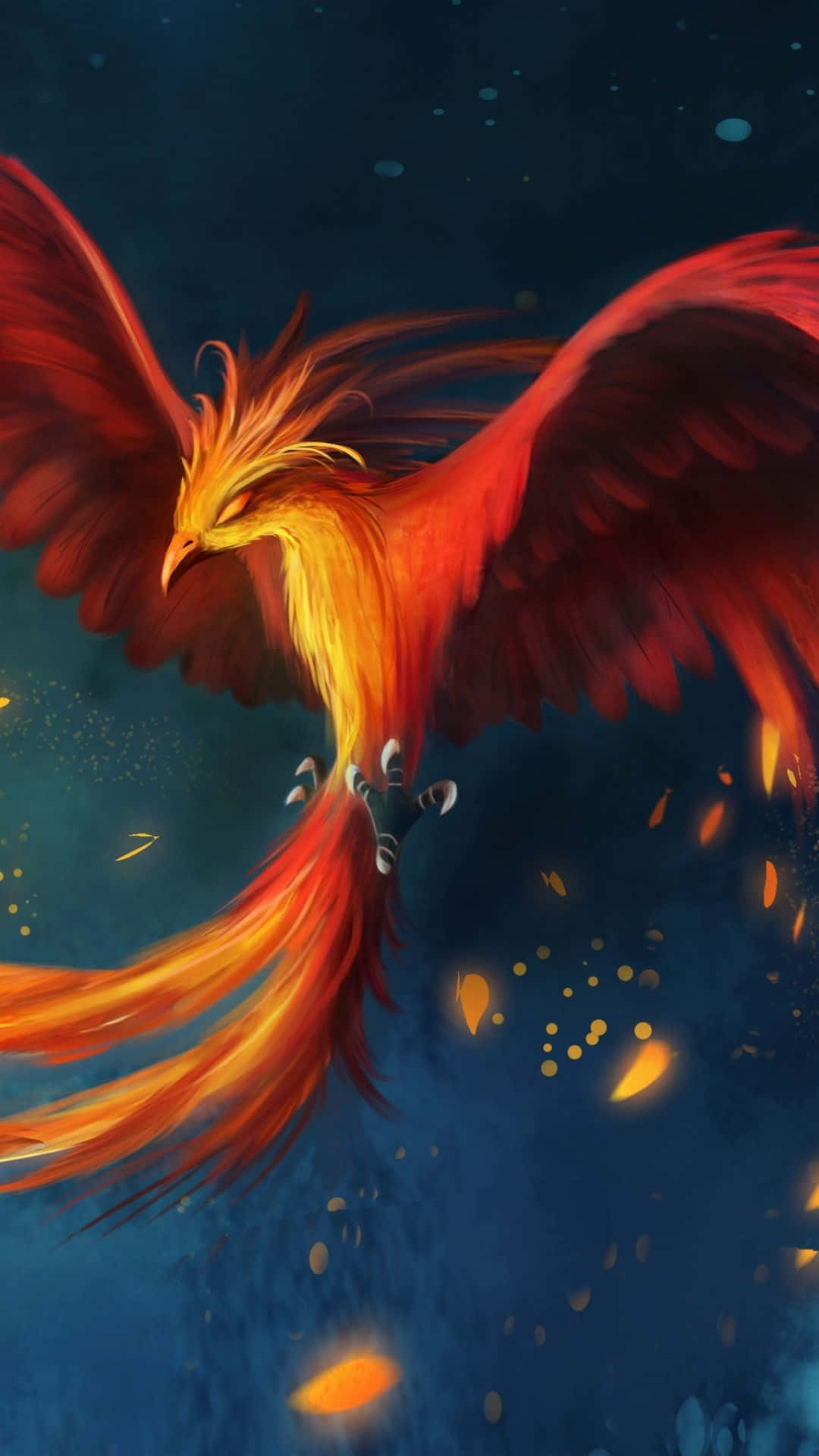 鳳凰 桌布 壁紙 — 一隻雄偉的鳳凰，擁有火熱的橙色和紅色羽毛，在繁星點點的夜空中翱翔，留下發光的餘燼。