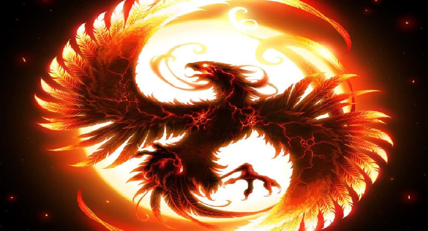 1366x768 Dragon Age Inquisition 桌布 壁紙 — 一隻雄偉的鳳凰，擁有火紅的橙色和紅色羽毛，在光芒四射的太陽背景下展開翅膀。