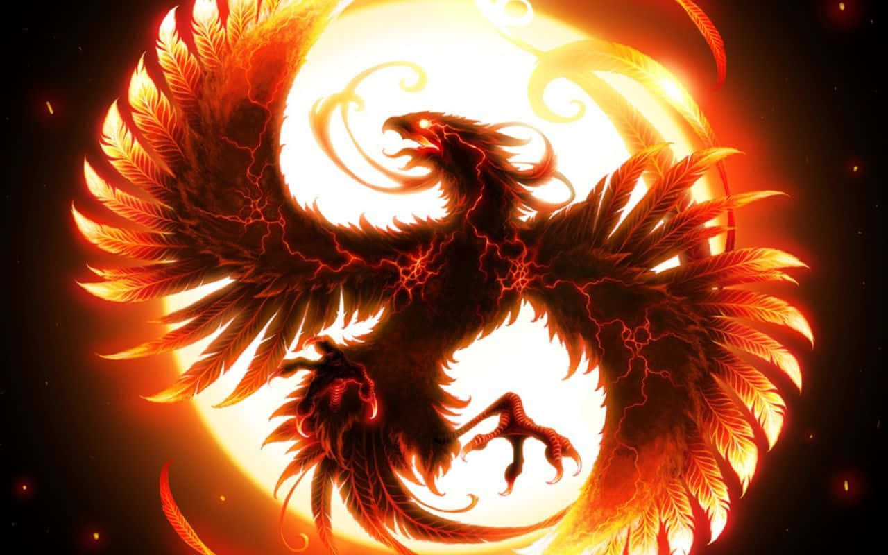 一隻熾熱的鳳凰，羽毛發光，從黑暗太空場景中的明亮太陽升起。 — 鳳凰 GIF 壁紙