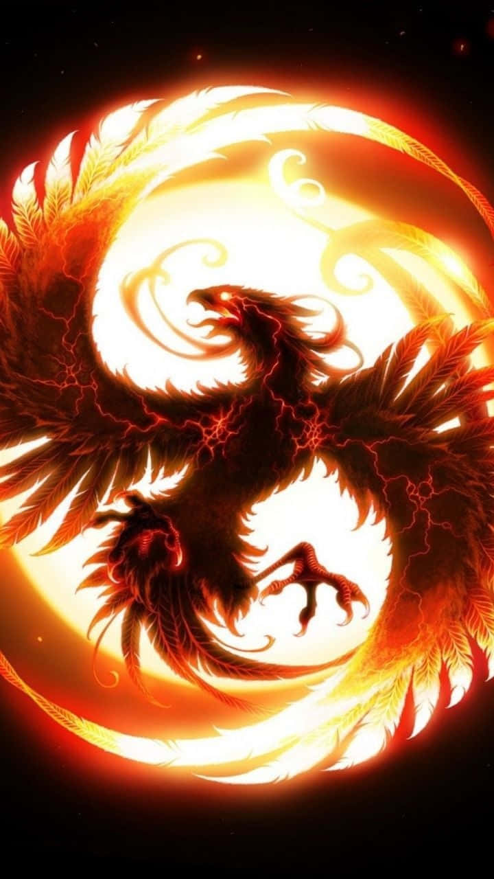 鳳凰 桌布 壁紙 — 一隻雄偉的鳳凰，翅膀燃燒著火焰，在宇宙環境中向內盤旋，對著一個發光的球體。