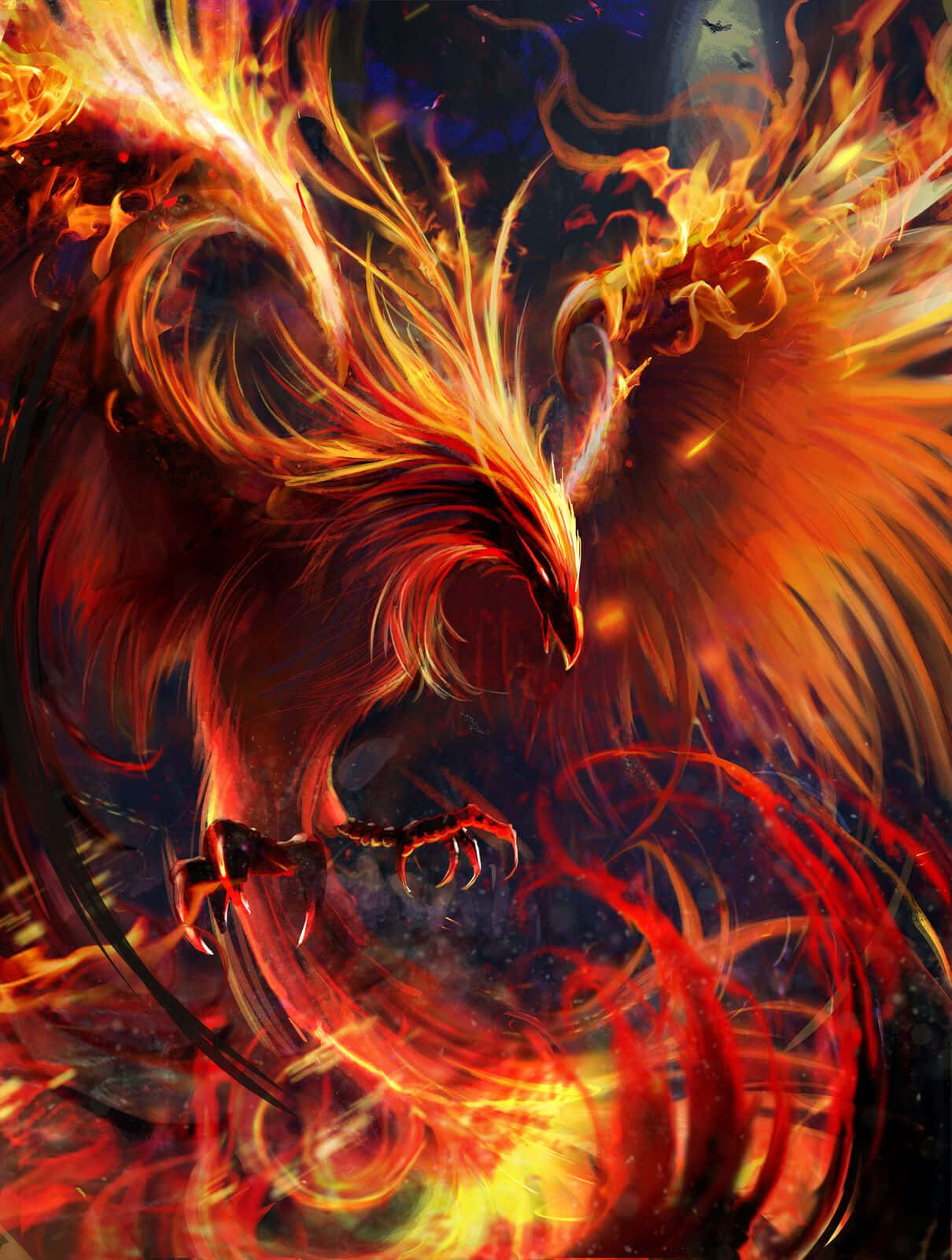 一隻帶著發光翅膀的火焰鳳凰，在星光燦爛的夜空翱翔。 — 鳳凰 GIF 壁紙