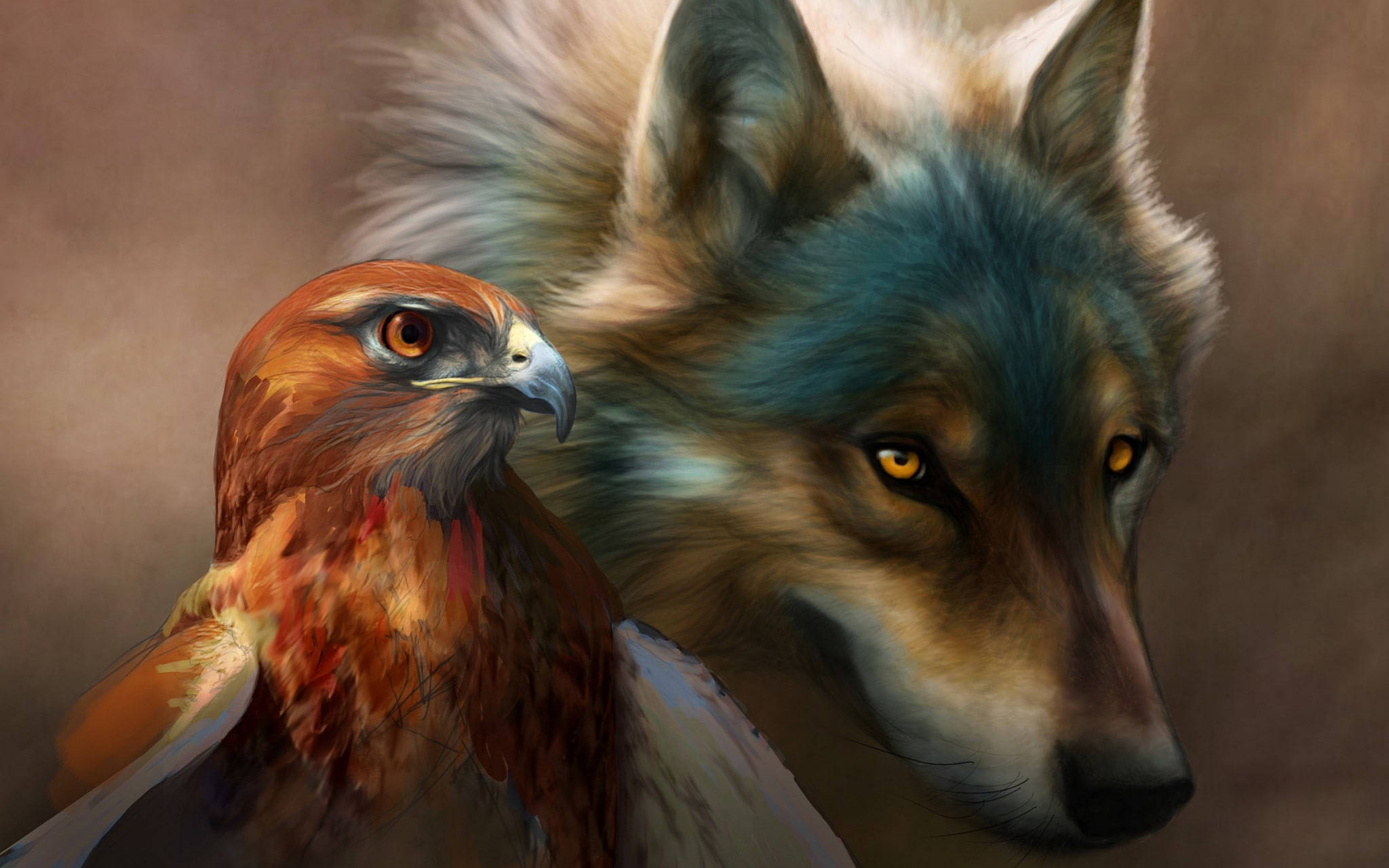 Eagle 桌布 壁紙 — 一隻雄偉的鷹和狼在一幅戲劇性的數位繪畫中對峙，帶有強烈的金色眼睛和豐富的大地色調。