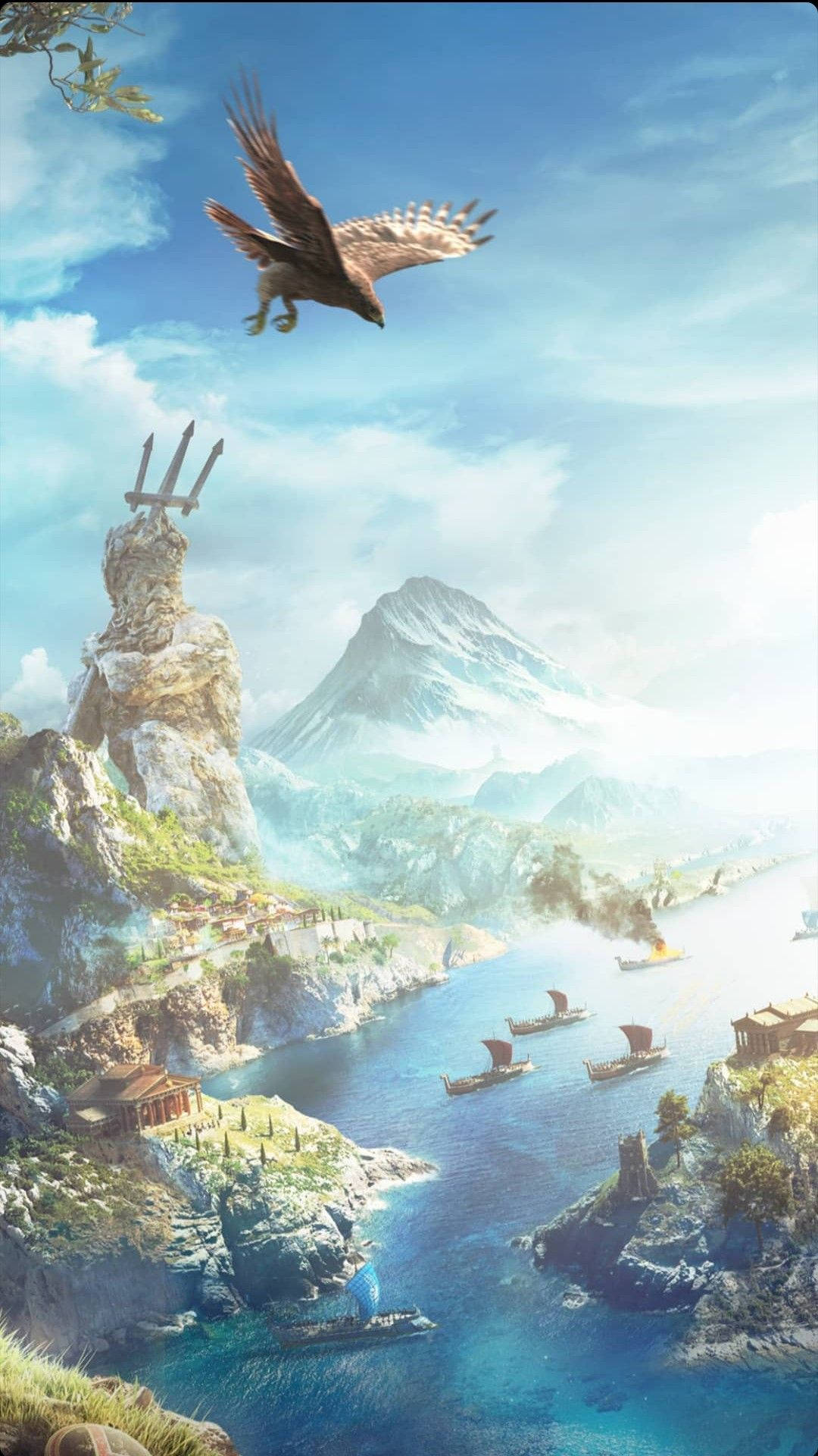 風景 桌布 壁紙 — 一隻雄偉的鷹在明亮的藍天下翱翔於海岸灣之上，灣中有古代遺跡和帆船。