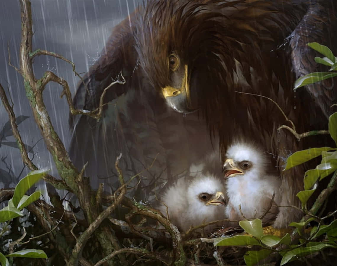 Eagle 桌布 壁紙 — 一隻雄偉的鷹在盤根錯節的樹枝和綠葉中，於一個被雨水浸透的巢穴裡庇護著兩隻毛茸茸的雛鳥。