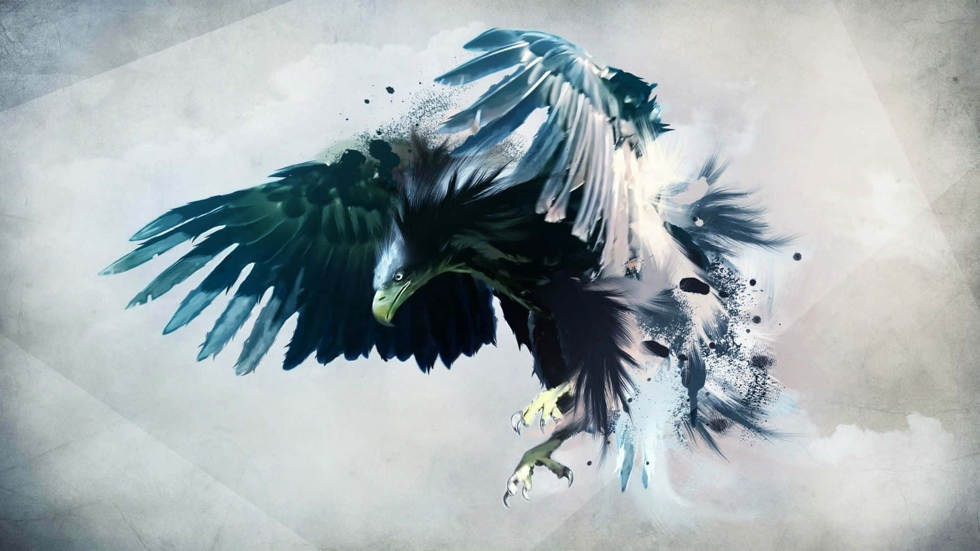 Eagle 桌布 壁紙 — 一隻雄偉的鷹在紋理灰色背景上展翅翱翔，羽毛以動態潑濺效果呈現。