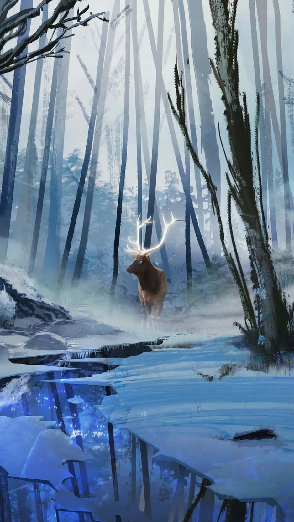 Snow iPhone 桌布 壁紙 — 一隻雄偉的鹿，鹿角發光，站在霧氣瀰漫的冬季森林中，倒映在冰冷的藍色水面上。