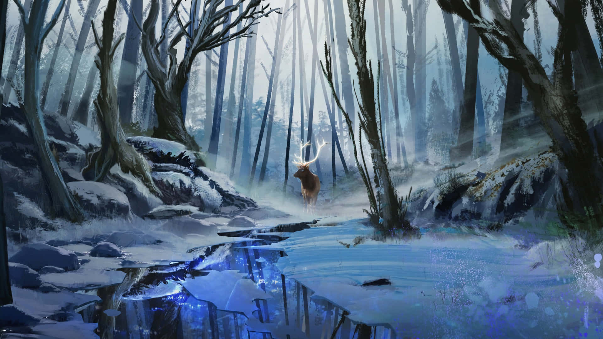 Winter Forest 桌布 壁紙 — 一隻雄偉的鹿，鹿角發光，站在霧氣瀰漫的冬季森林中，周圍是白雪覆蓋的樹木和反射的冰冷溪流。
