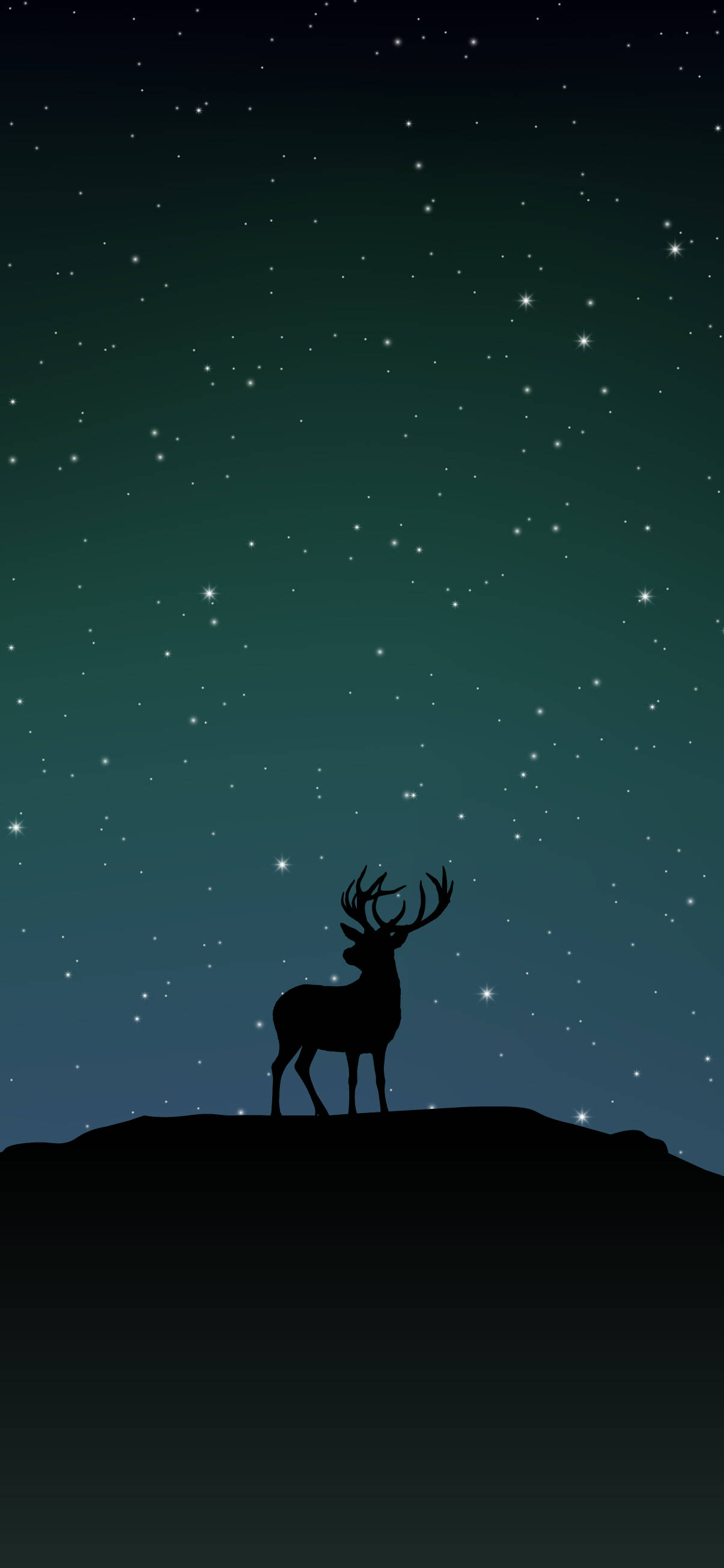Deer iPhone 桌布 壁紙 — 一隻雄偉的鹿剪影站在山丘上，背景是繁星點點的藍綠色和深藍色夜空。