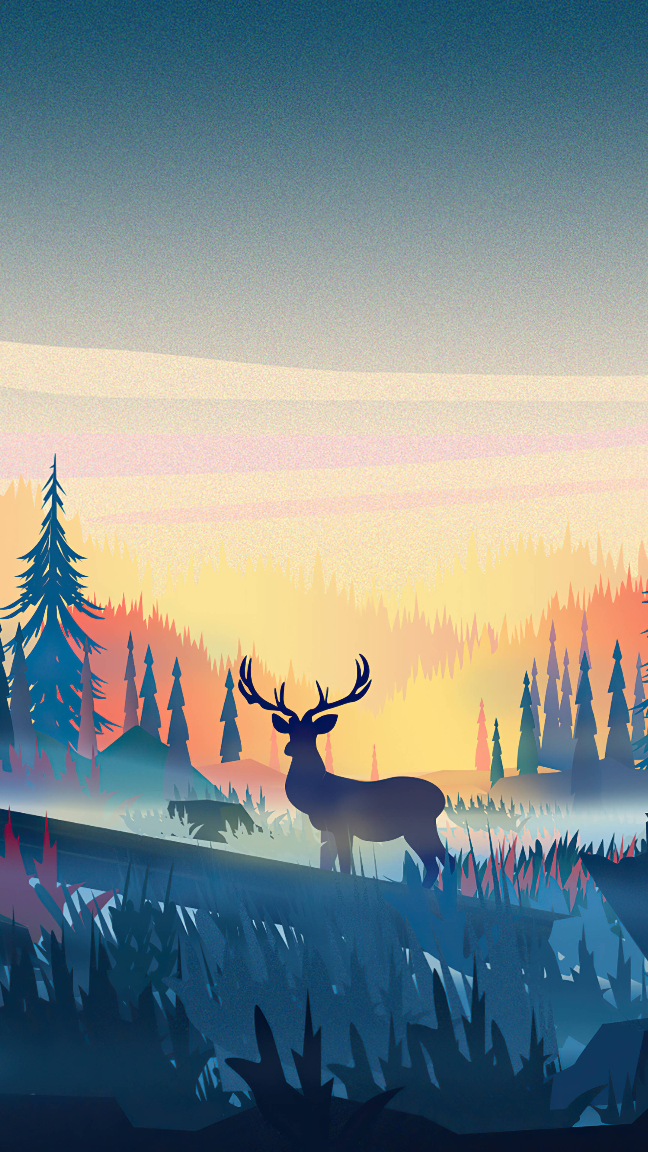 Deer iPhone 桌布 壁紙 — 一隻雄偉的鹿剪影站在日落時分的森林中，鮮豔的橙色和藍色色調描繪天空。