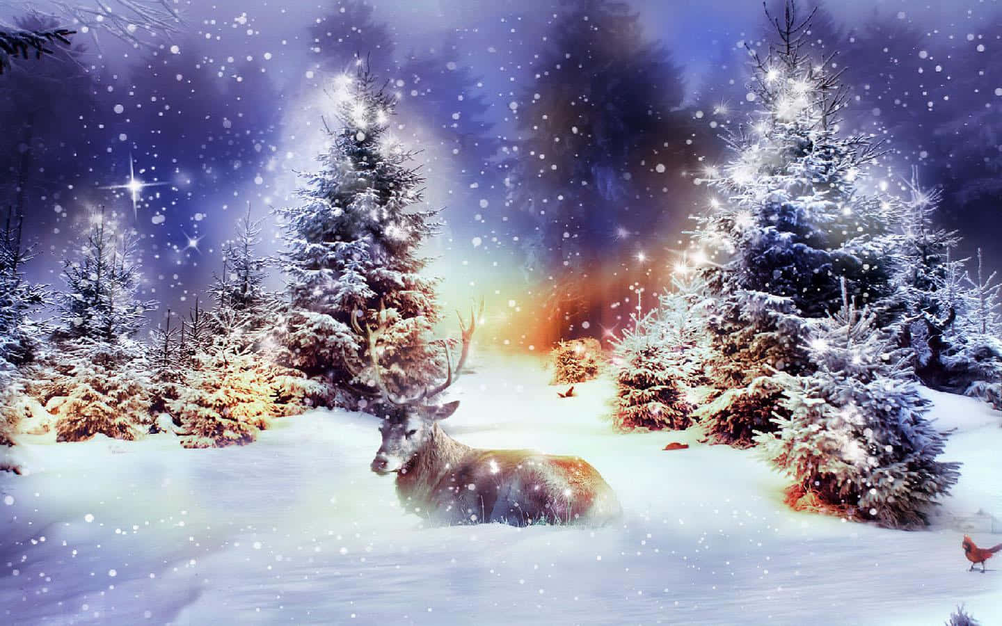 Cute Simple Christmas 桌布 壁紙 — 一隻雄偉的鹿在雪覆蓋的森林中休息，魔法般的光芒和飄落的雪花照亮了冬夜。