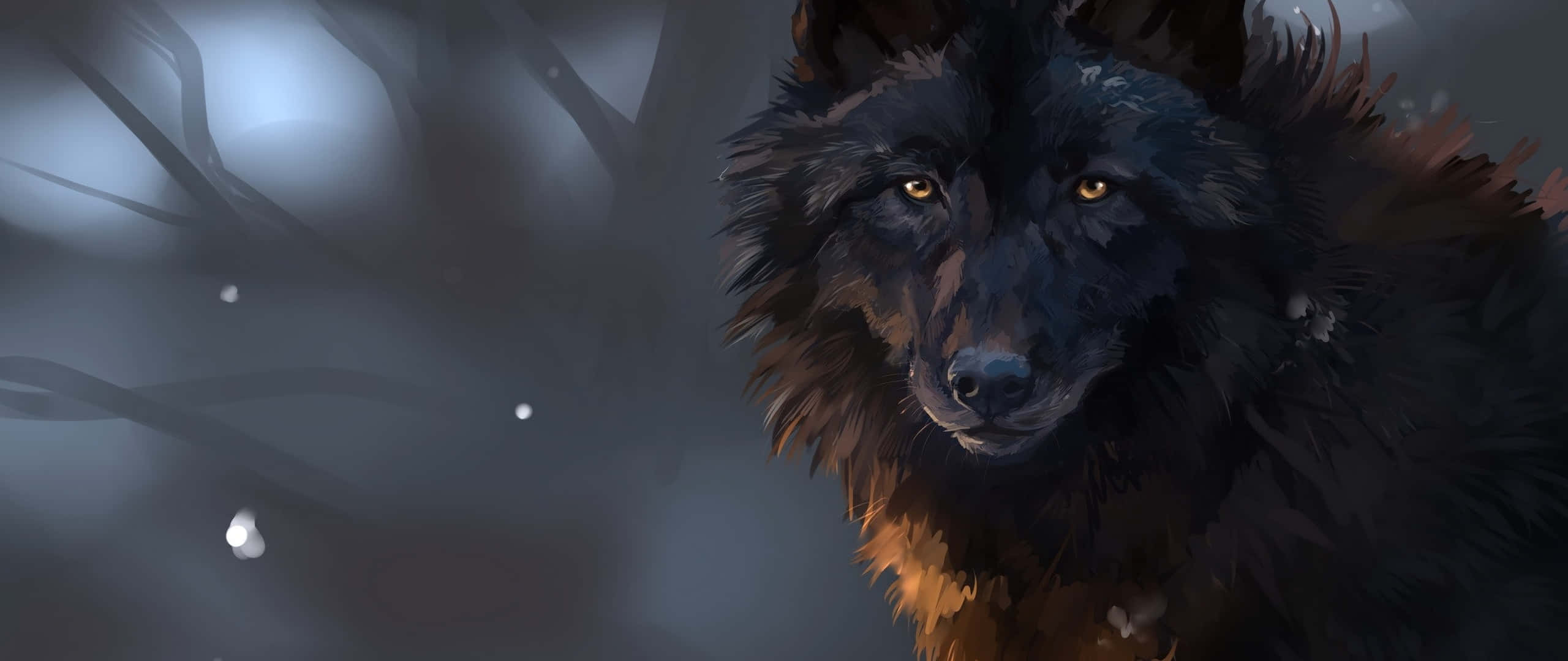 Art 2560x1080 桌布 壁紙 — 一隻雄偉的黑狼，琥珀色的眼睛閃閃發光，在黃昏時分穿過白雪皚皚的森林凝視著。