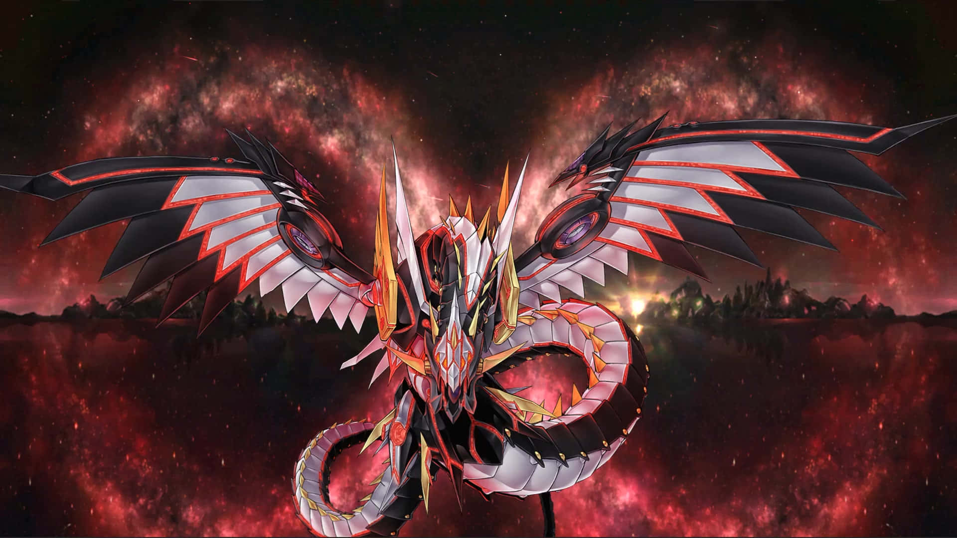 Yugioh Dragons 桌布 壁紙 — 一隻雄偉的黑銀色龍，帶有發光的紅色點綴，在熾熱的宇宙背景下翱翔，遠處有森林的輪廓。