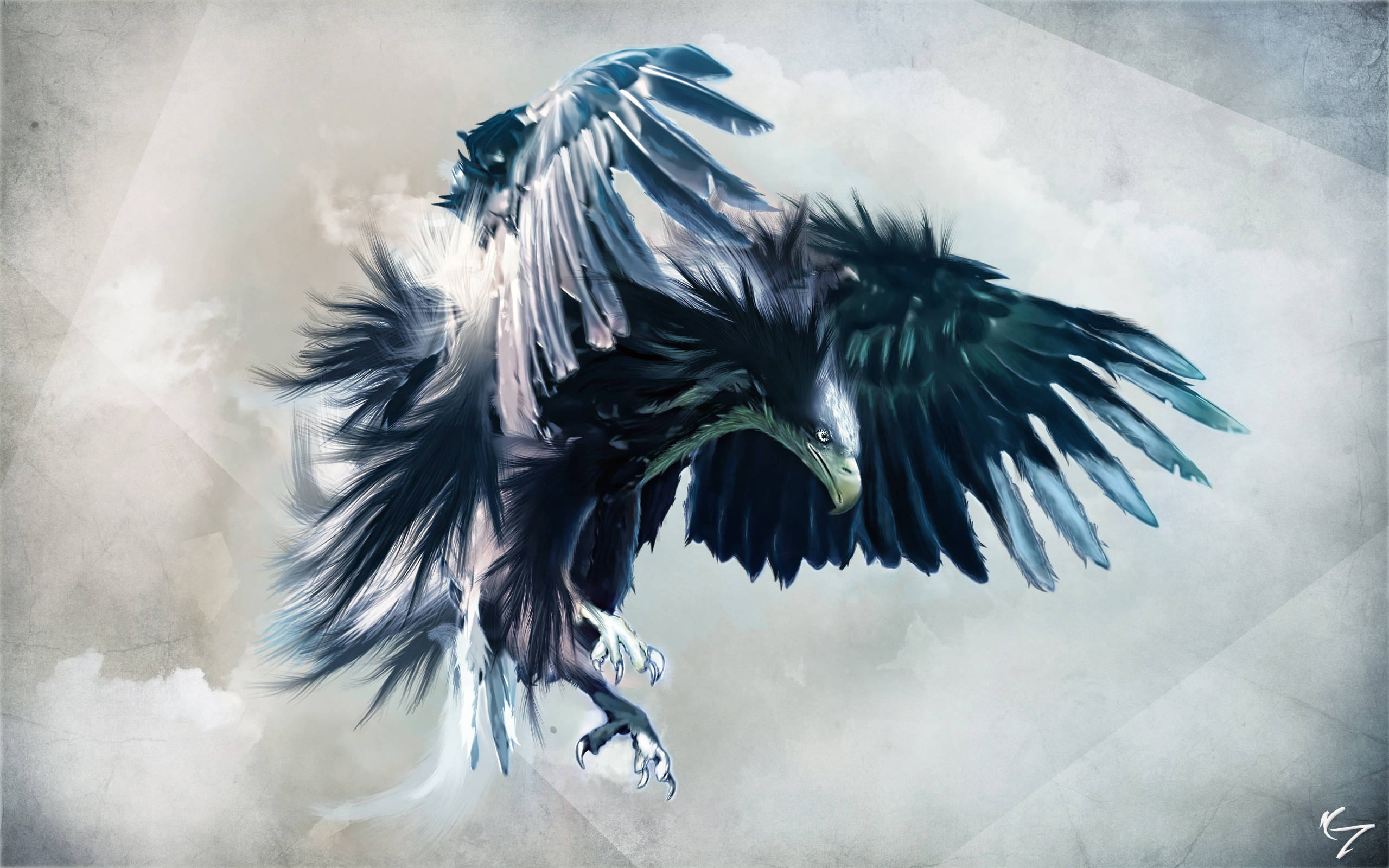 Eagle 桌布 壁紙 — 一隻雄偉的黑鷹展開翅膀，在紋理豐富的多雲天空中翱翔，呈現動態數位插畫。