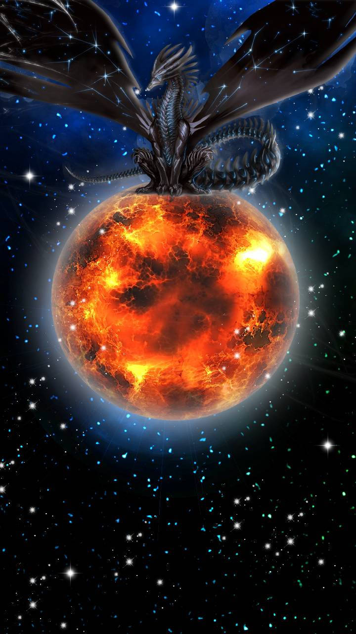 Galaxy Dragon 桌布 壁紙 — 一隻雄偉的黑龍展開翅膀，棲息在一個發光的火星球上，背景是星光燦爛的宇宙。