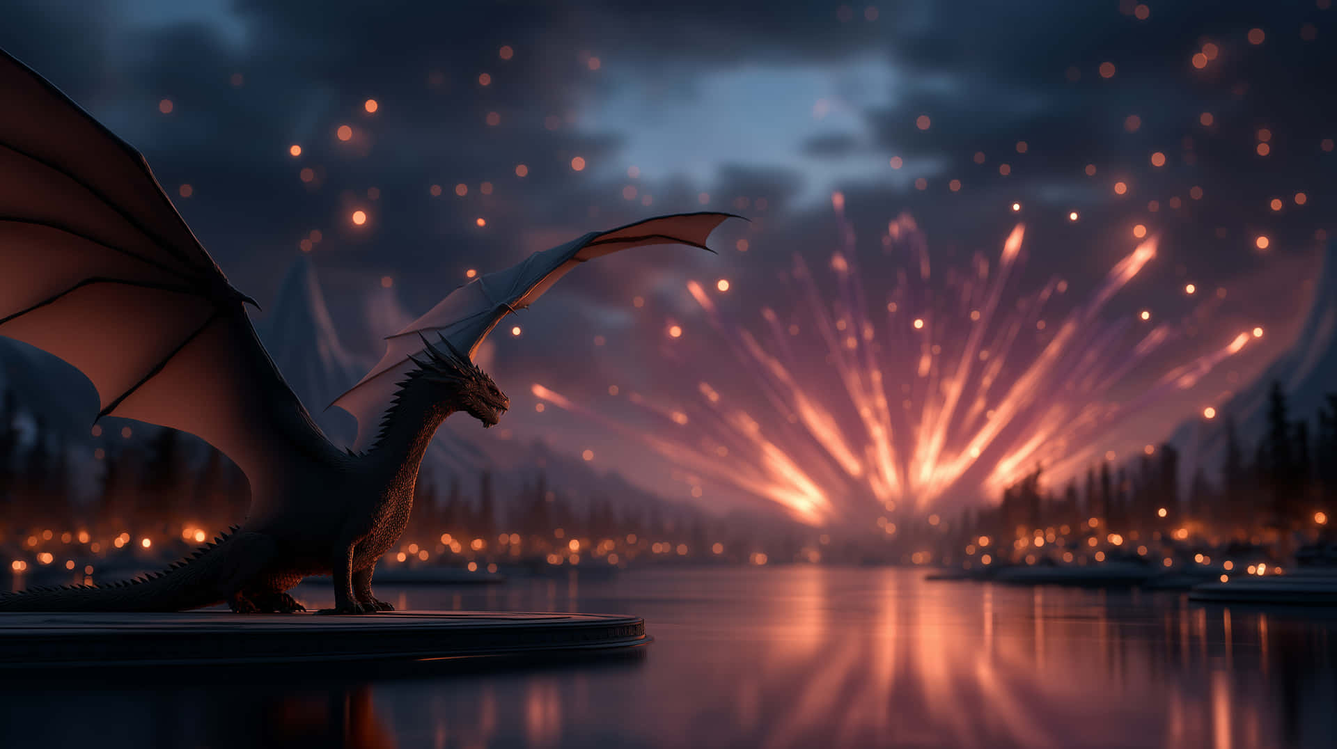 Majestic Dragon on Waterfront with Distant Explosive Lights 壁紙 — 一隻雄偉的龍展開翅膀站在浮動平台上，而充滿活力的煙火在黃昏時分在寧靜的湖面上爆炸。