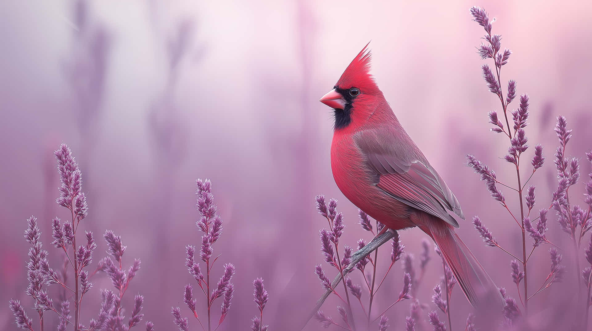 Solitary Cardinal Perched Among Textured Lavender Plants 壁紙 — 一隻雄性紅雀優雅地棲息在纖細的莖上，周圍是柔軟的紫色草叢，籠罩在夢幻般的粉紅薄霧中。