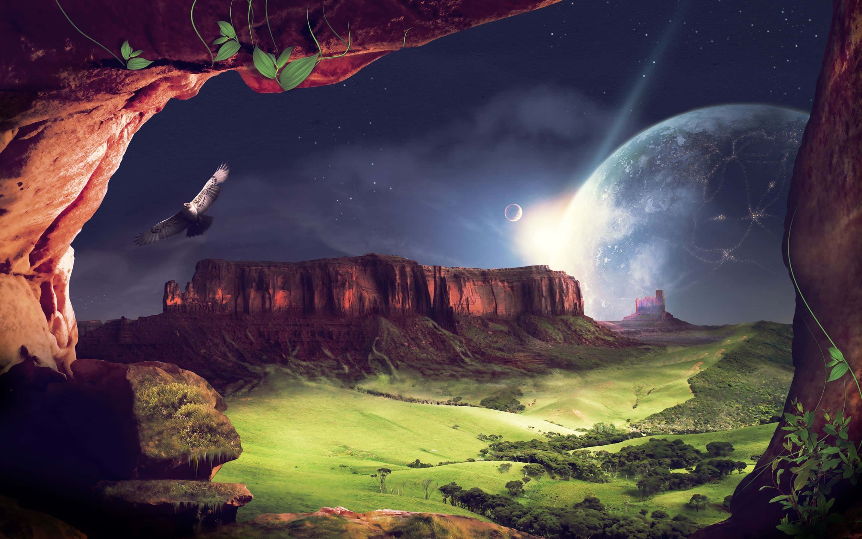 Ambience 桌布 壁紙 — 一隻雄鷹在洞穴環繞的發光綠色山谷上空翱翔，一顆巨大的行星和彎月照亮了外星夜空。