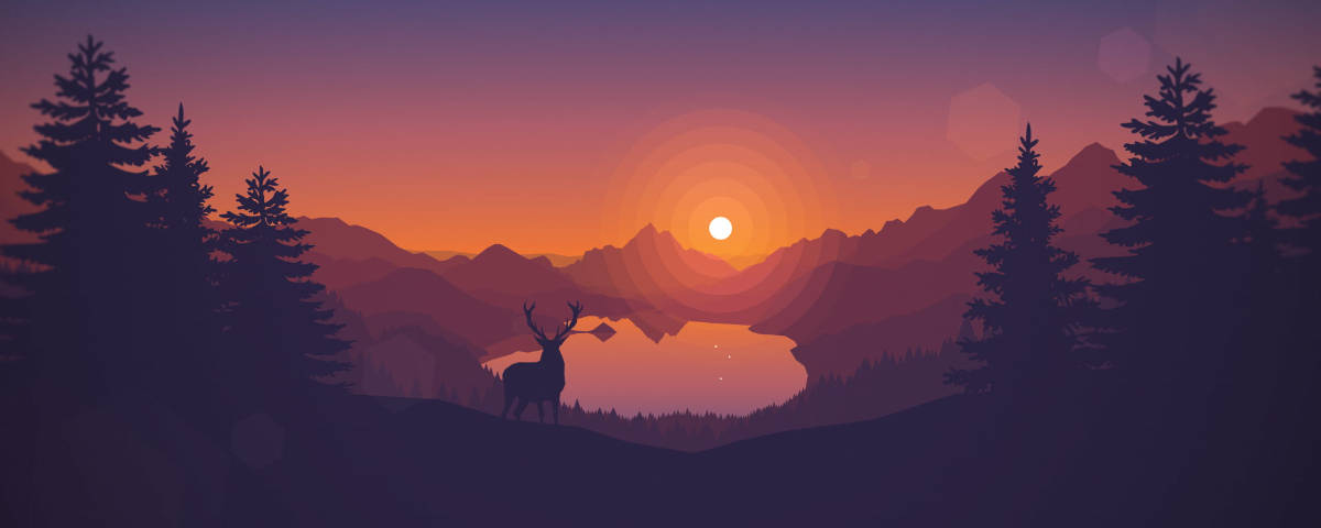 Silhouette 桌布 壁紙 — 一隻雄鹿的剪影站在山間湖泊和松樹林上閃耀的日落前。