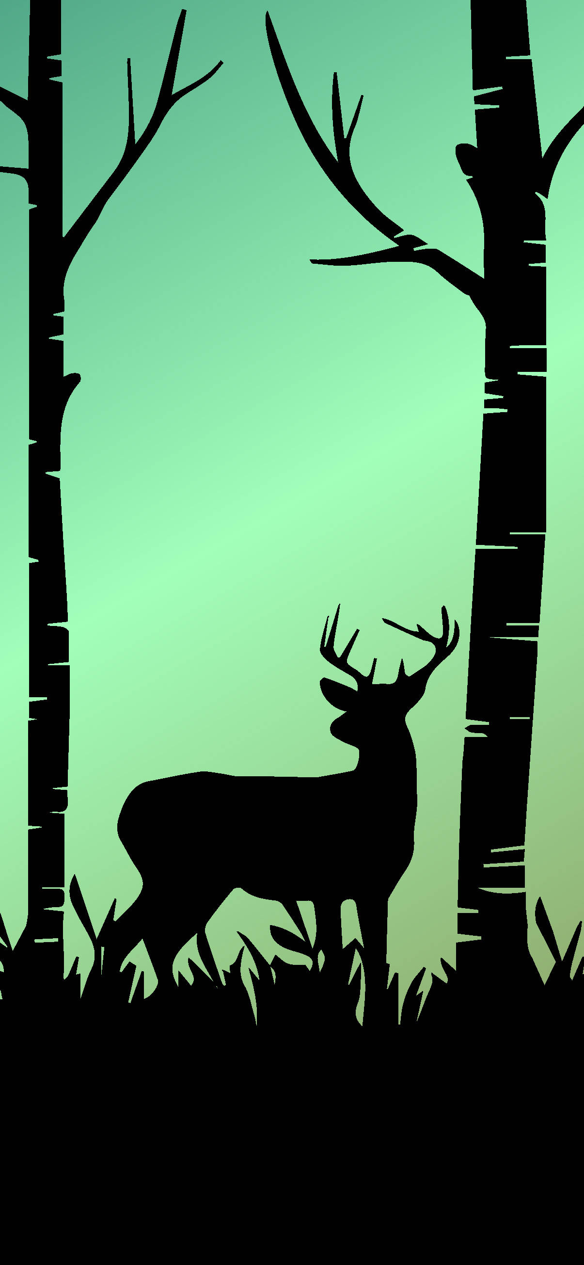 Deer iPhone 桌布 壁紙 — 一隻雄鹿的剪影站在白樺樹之間，背景是漸變的綠色暮色天空。