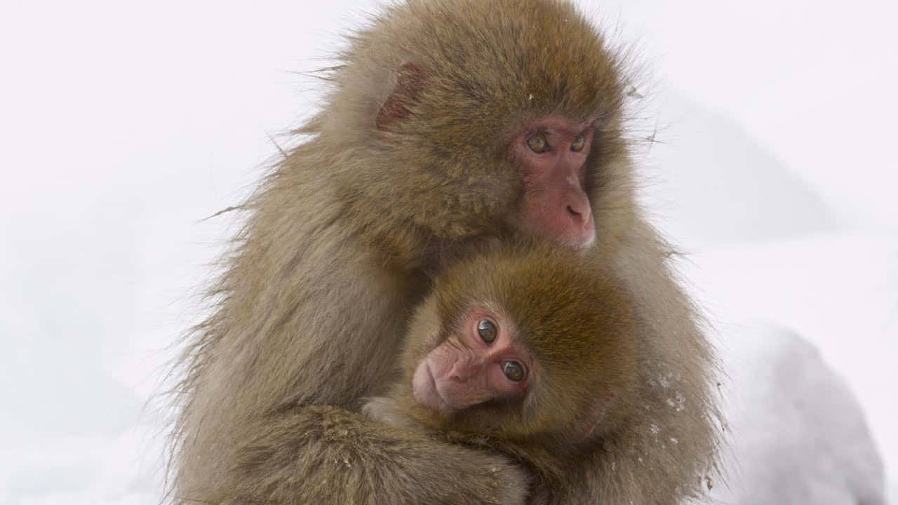 Baby Monkey 桌布 壁紙 — 一隻雪猴媽媽在雪景中溫柔地擁抱她的嬰兒，牠們的毛髮厚實而溫暖。