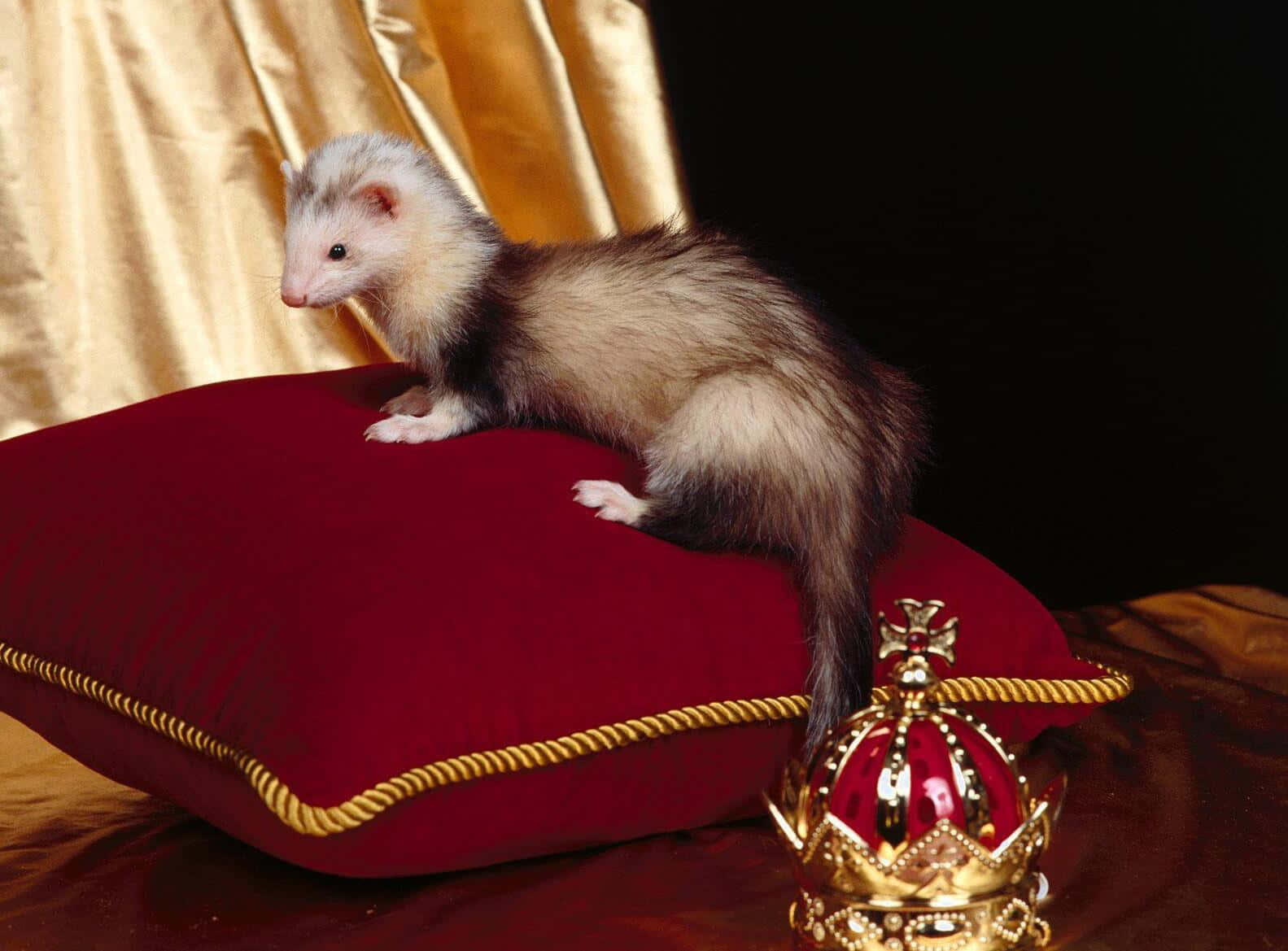 Ferret 桌布 壁紙 — 一隻雪貂威嚴地棲息在紅色天鵝絨墊子上，旁邊放著金色皇冠，背景是金色布簾。