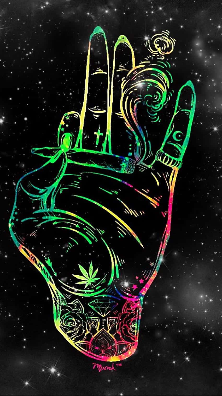 Sad Vibes 桌布 壁紙 — 一隻霓虹彩虹插圖手，帶有大麻葉和玫瑰刺青，背景是星光宇宙。