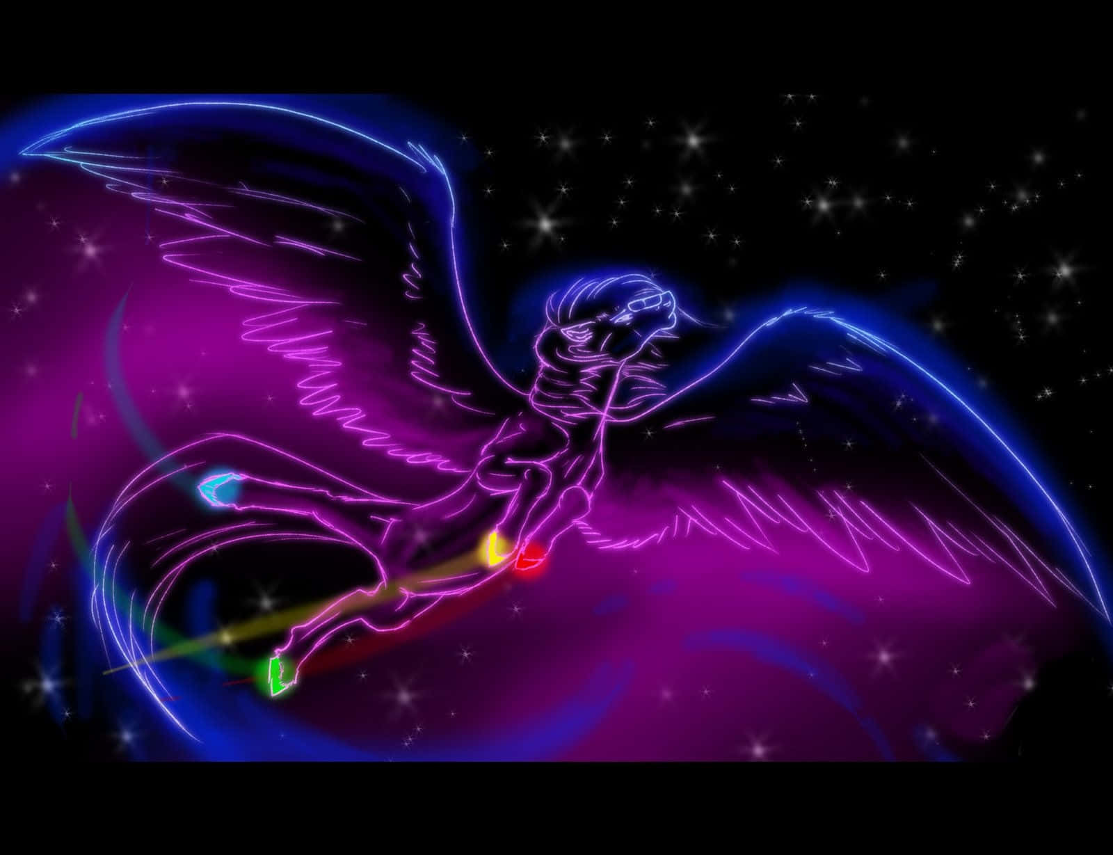 Neon Animals 桌布 壁紙 — 一隻霓虹燈照亮的帶翼生物在星光閃爍的宇宙虛空中翱翔，散發著電光紫和藍色調。