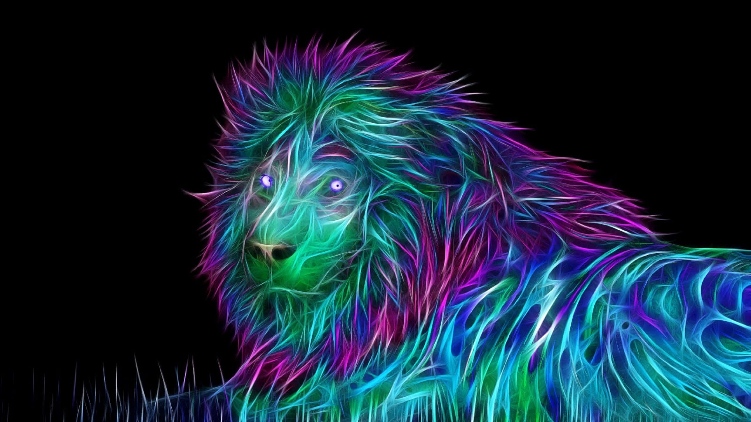 獅子 桌布 壁紙 — 一隻霓虹色的獅子，帶有電光藍、綠和紫色的毛髮，在黑色背景上發光。