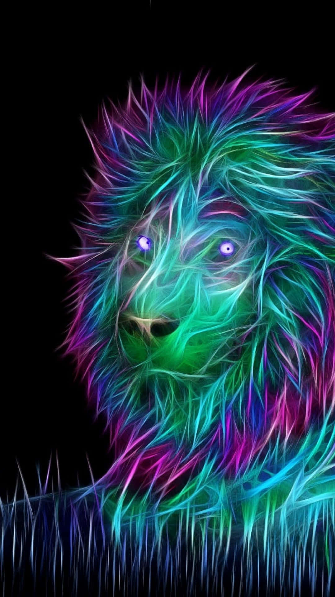 Lions 桌布 壁紙 — 一隻霓虹色的獅子，擁有發光的紫色眼睛和電光藍、綠、洋紅色的鬃毛，站在黑色背景前。