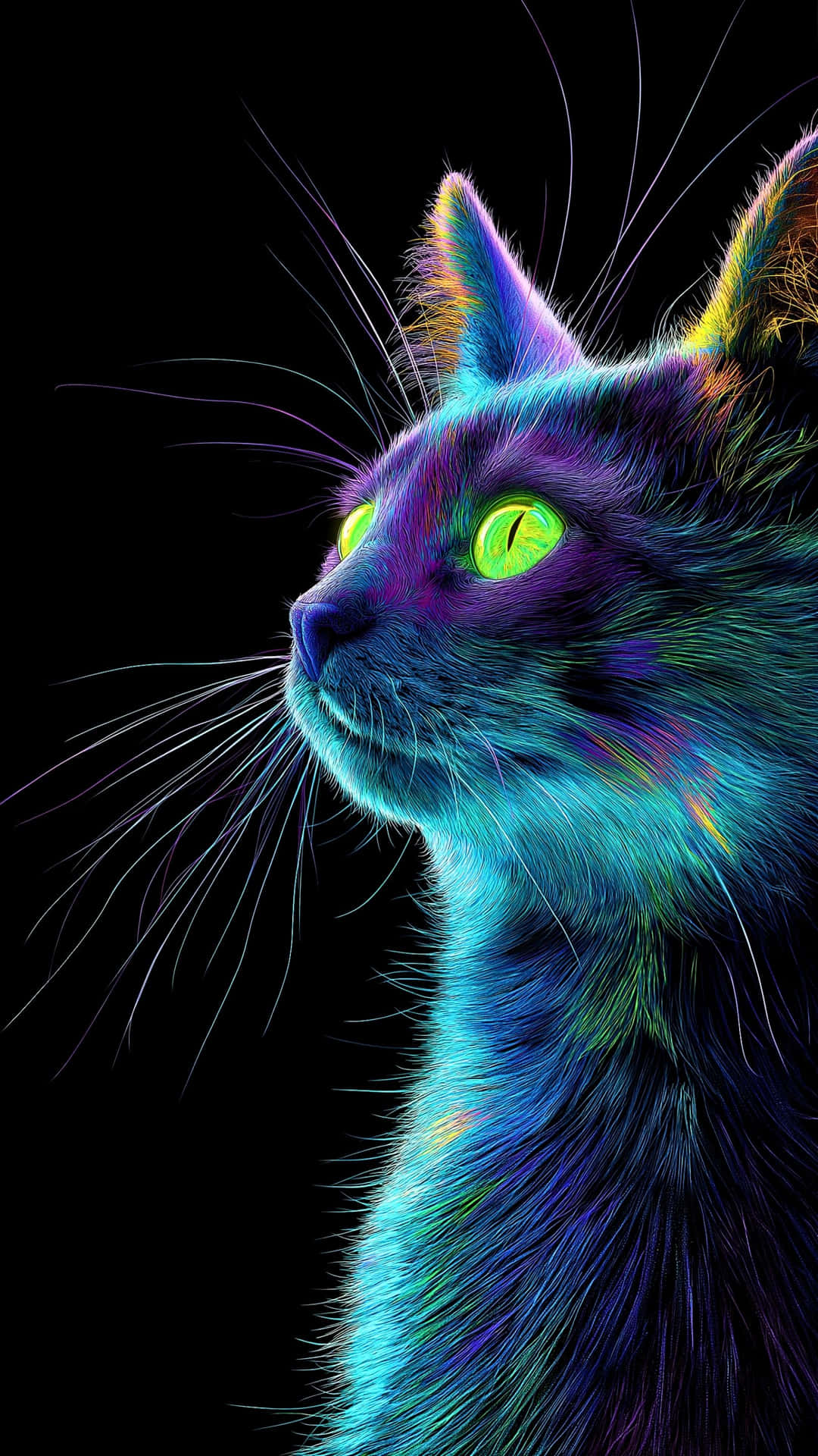 Vibrant neon cat portrait with brilliant green eyes glowing against a stark, black background 壁紙 — 一隻霓虹色貓咪，擁有發光的綠色眼睛，在純黑色背景上向上凝視。