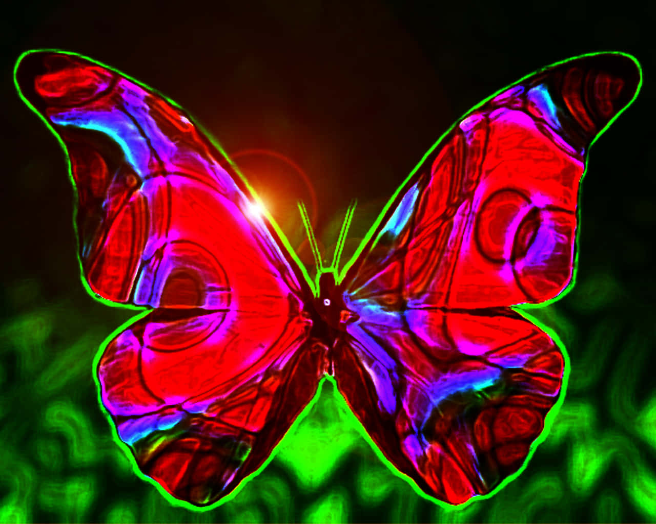 Emerging Butterfly 桌布 壁紙 — 一隻霓虹蝴蝶，帶有發光的紅色、紫色和藍色翅膀，邊緣為綠色，背景為深色抽象。