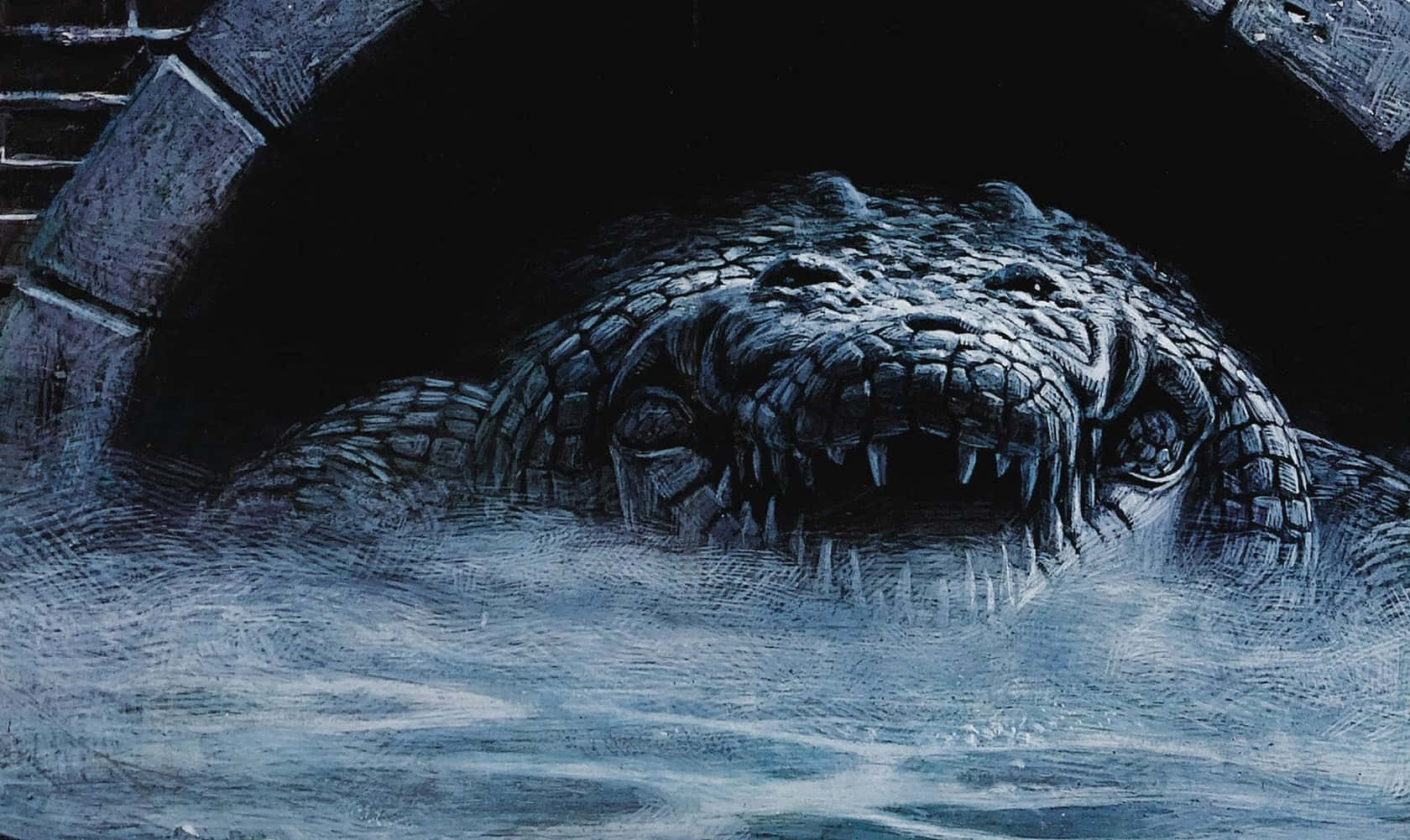 Alligator 桌布 壁紙 — 一隻露出牙齒的兇猛鱷魚從石拱門下的黑暗水中浮現，構成令人毛骨悚然的單色場景。