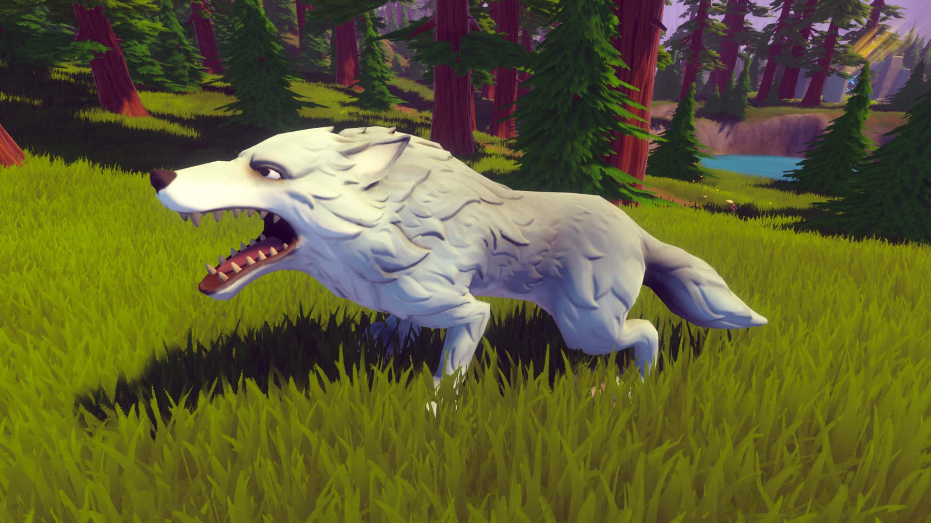 Wolf In Forest 桌布 壁紙 — 一隻露出牙齒的白狼在風格化的森林中穿過鮮綠色的草地，森林中有紫色的樹木和遠處的湖泊。