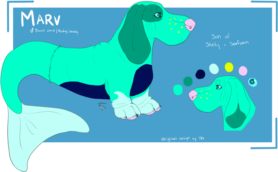 Basset Hound 桌布 壁紙 — 一隻青綠色和深藍色的臘腸狗，有美人魚尾巴和粉紅色爪子，站在藍色背景上的調色板和頭像旁邊。