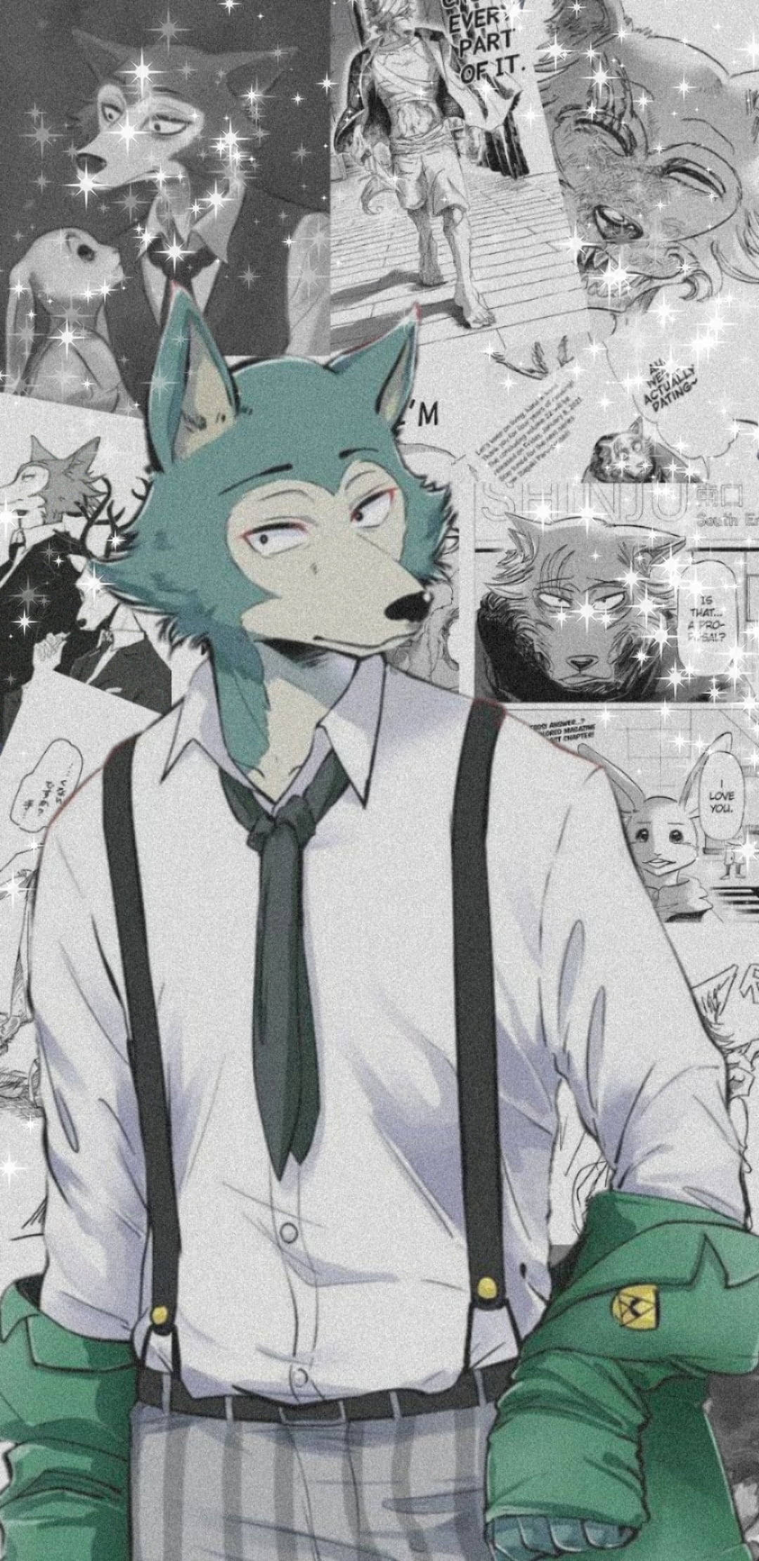 獸星 桌布 壁紙 — 一隻青綠色毛髮的擬人化狼，穿著白色襯衫和吊帶褲，自信地站在閃閃發光的漫畫面板拼貼畫前。