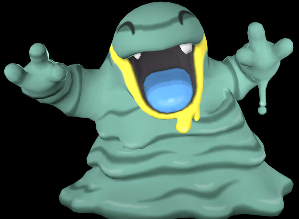 快樂 桌布 壁紙 — 一隻青綠色污泥狀的Pokémon，張開寬大的黃色嘴巴和藍色舌頭，在黑色背景前打哈欠。