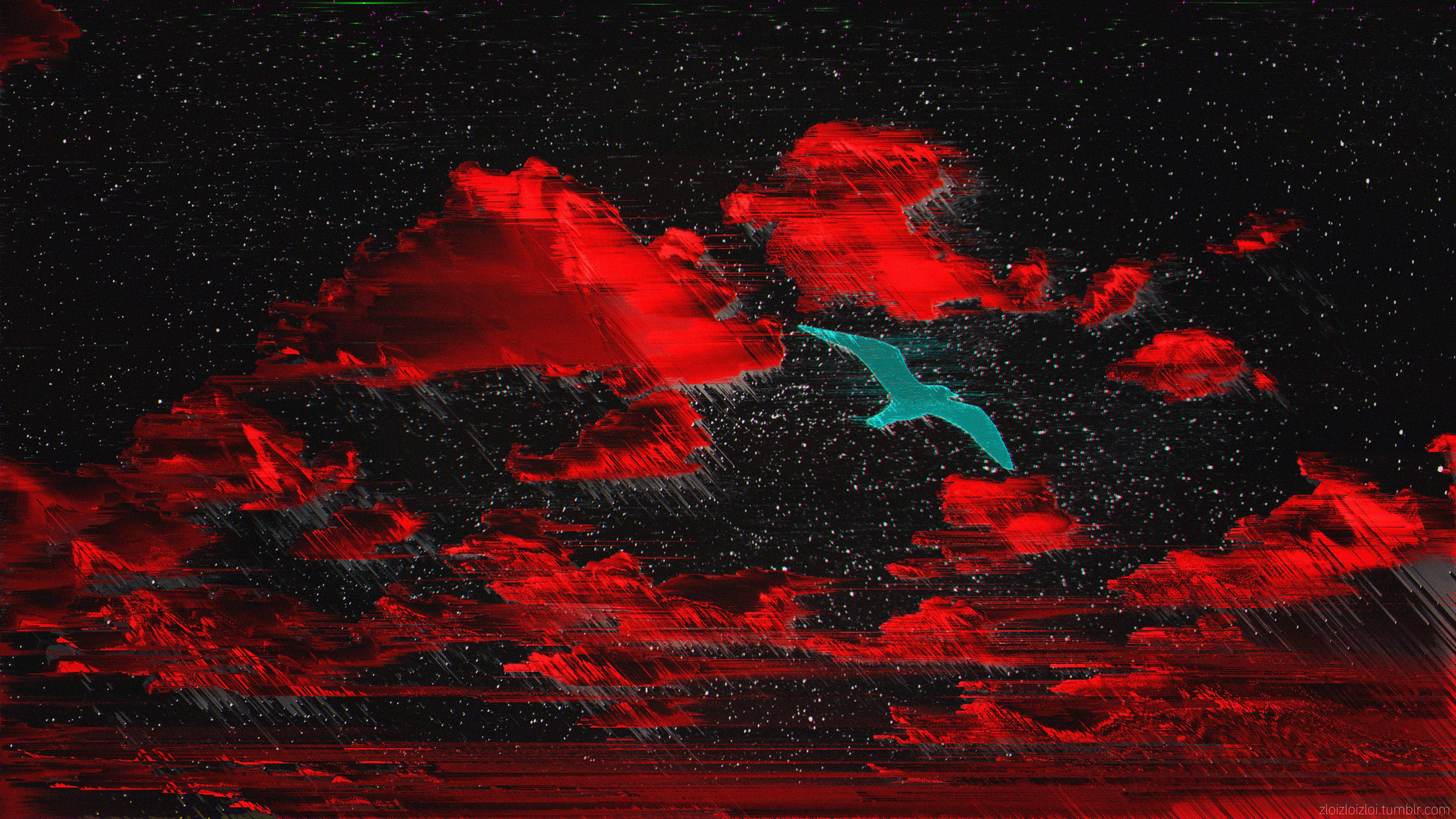 Glitch 桌布 壁紙 — 一隻青綠色的鳥在佈滿星星的天空中翱翔，天空被鮮紅色的雲層穿透，帶有數位故障效果。