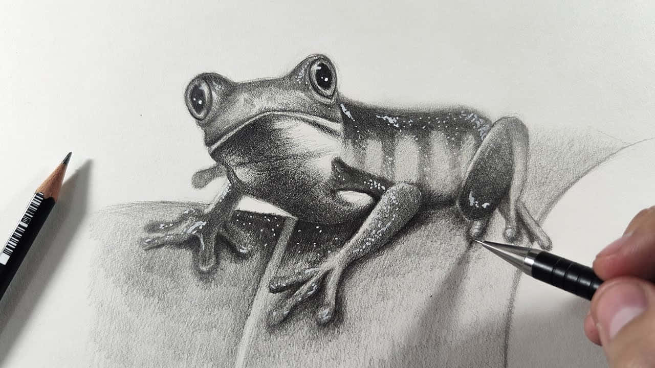 Frog Drawing 桌布 壁紙 — 一隻青蛙棲息在葉子上的超現實鉛筆素描，一隻手正在繪製其詳細的皮膚紋理。