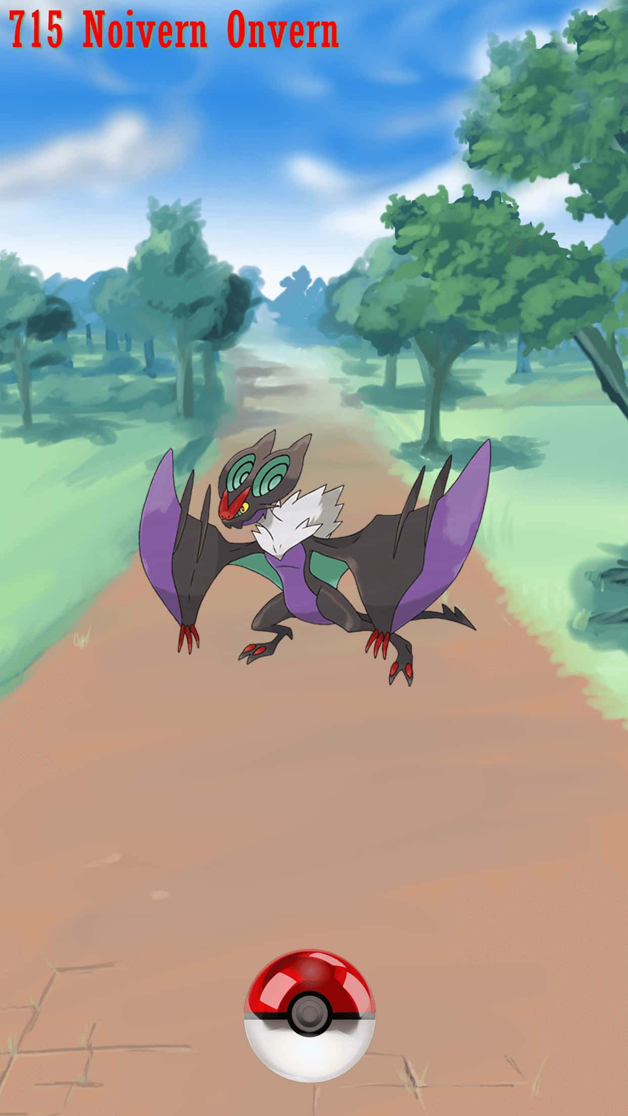 寶可夢 桌布 壁紙 — 一隻音波龍（Noivern）寶可夢站在森林的泥路上，底部有一個精靈球。