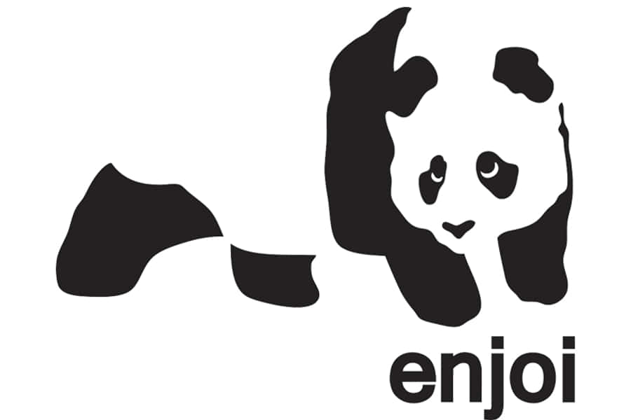 桌布 壁紙 — 一隻頑皮熊貓躺著的極簡黑白剪影，下方有「enjoi」字樣。