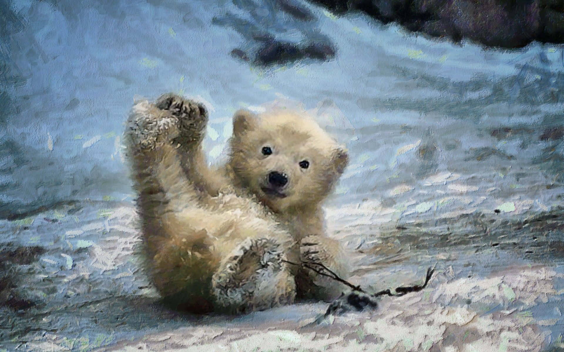北極熊 桌布 壁紙 — 一隻頑皮的北極熊幼崽在雪地上打滾，一隻爪子舉起，做出歡樂的姿勢。