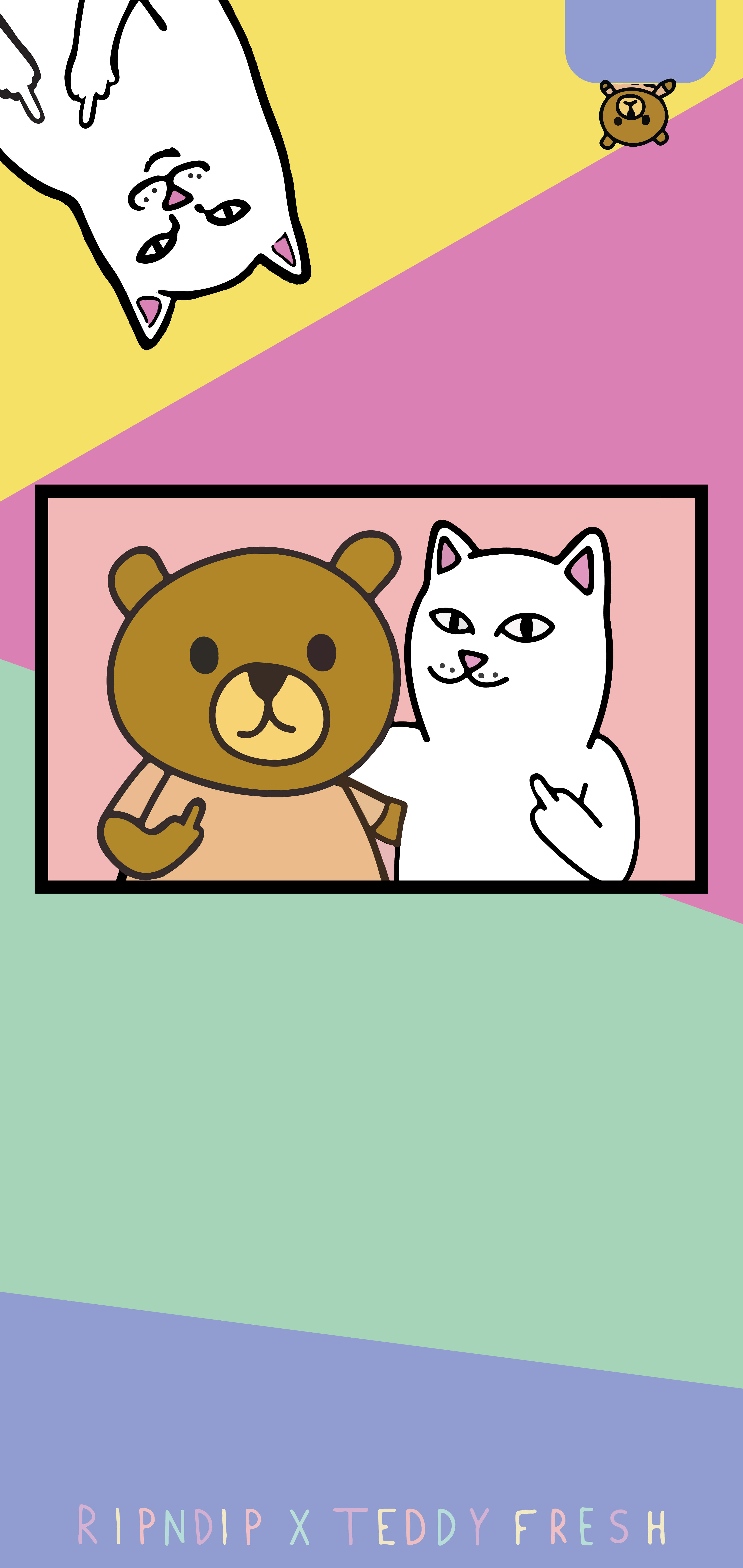 ripndip 桌布 壁紙 — 一隻頑皮的卡通熊和貓在色彩繽紛的幾何背景中一起擺姿勢，背景中有漂浮的貓頭。
