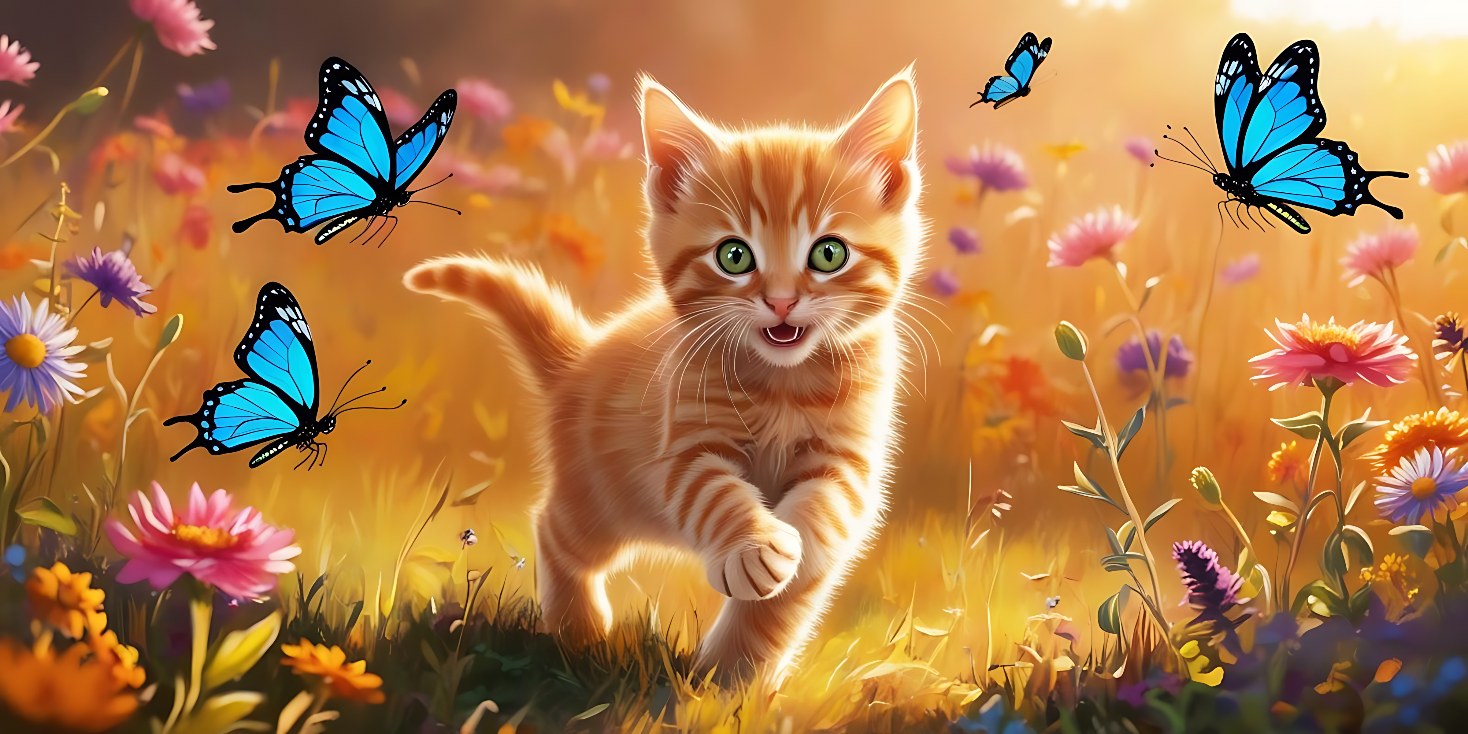 Butterflies 桌布 壁紙 — 一隻頑皮的橙色虎斑小貓在陽光明媚的草地上奔跑，草地上開滿了五顏六色的花朵，還有藍色的蝴蝶翩翩飛舞。