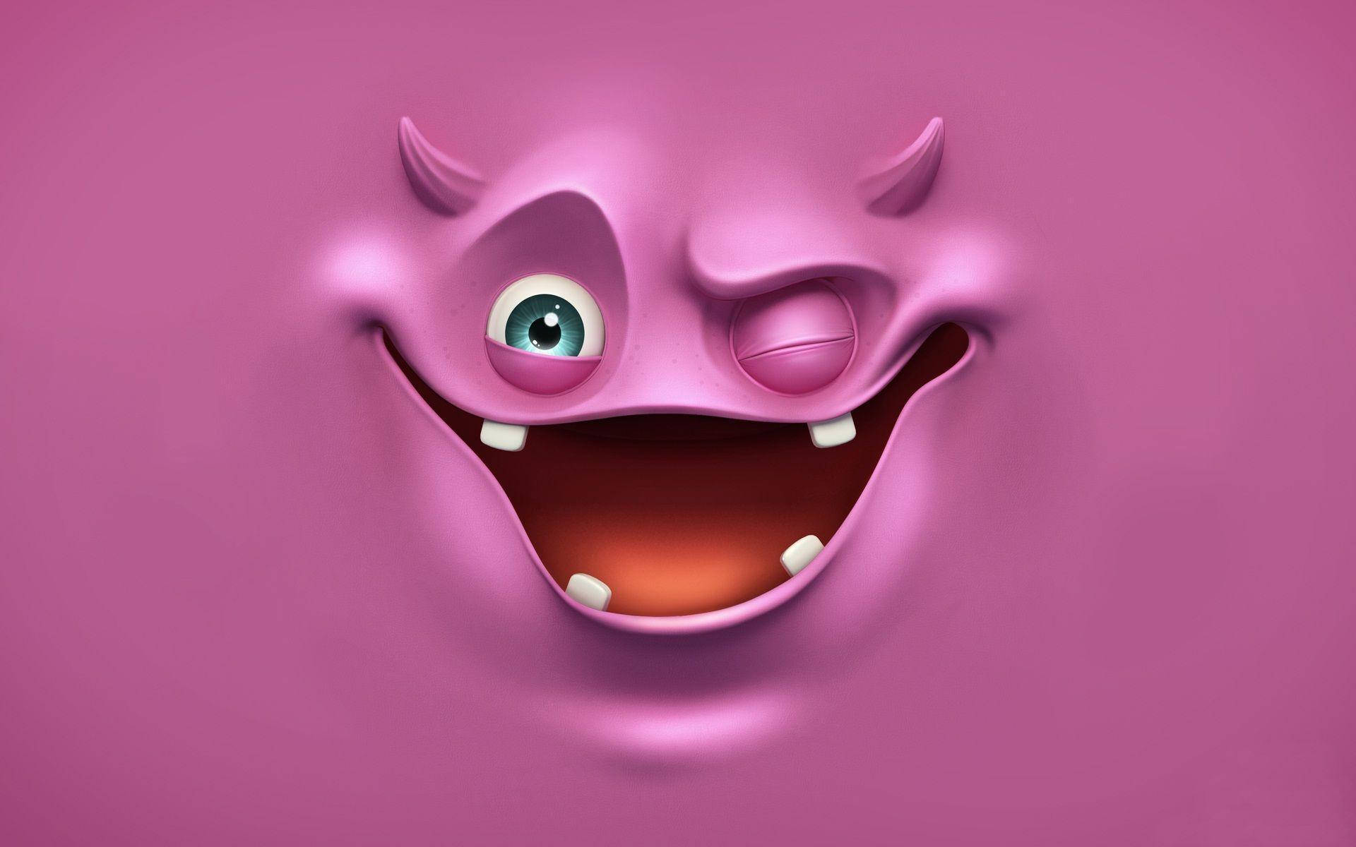 faces 桌布 壁紙 — 一隻頑皮的粉紅色卡通怪物，單眼眨眼，露出尖牙，在純粉紅色背景上咧嘴大笑。