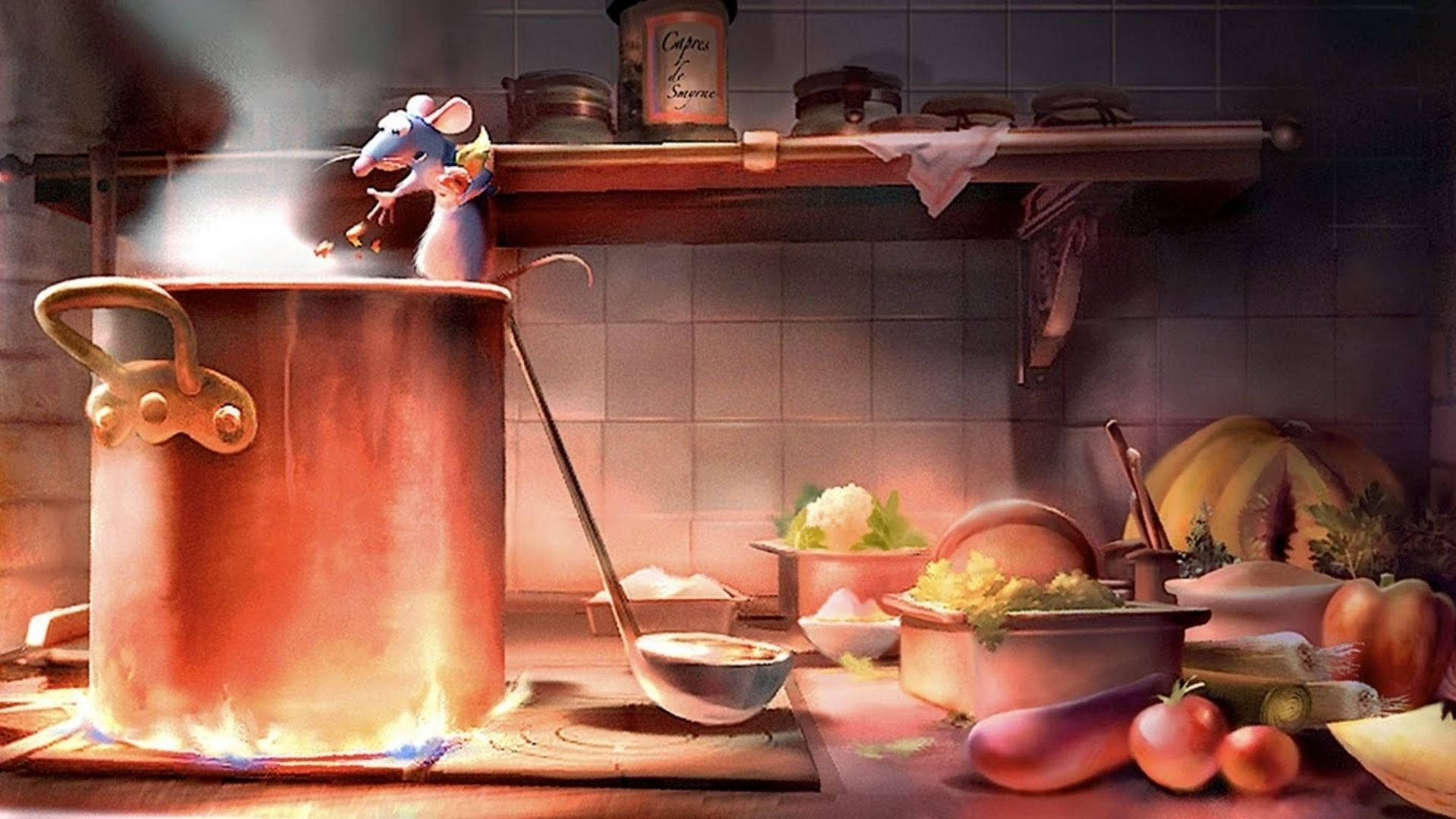 Ratatouille 桌布 壁紙 — 一隻頑皮的老鼠廚師在溫暖明亮的鄉村廚房裡攪拌著冒煙的銅鍋，廚房裡擺滿了新鮮蔬菜。