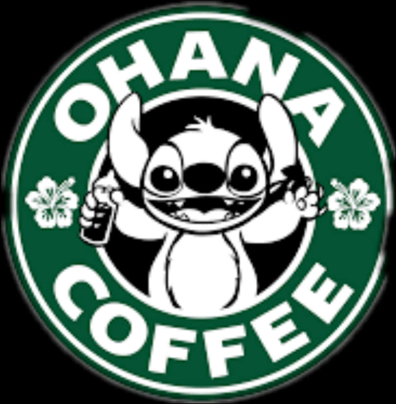 Starbucks Logo 桌布 壁紙 — 一隻頑皮的黑白史迪奇拿著咖啡杯，在一個帶有芙蓉花的綠色圓形「Ohana Coffee」標誌內。